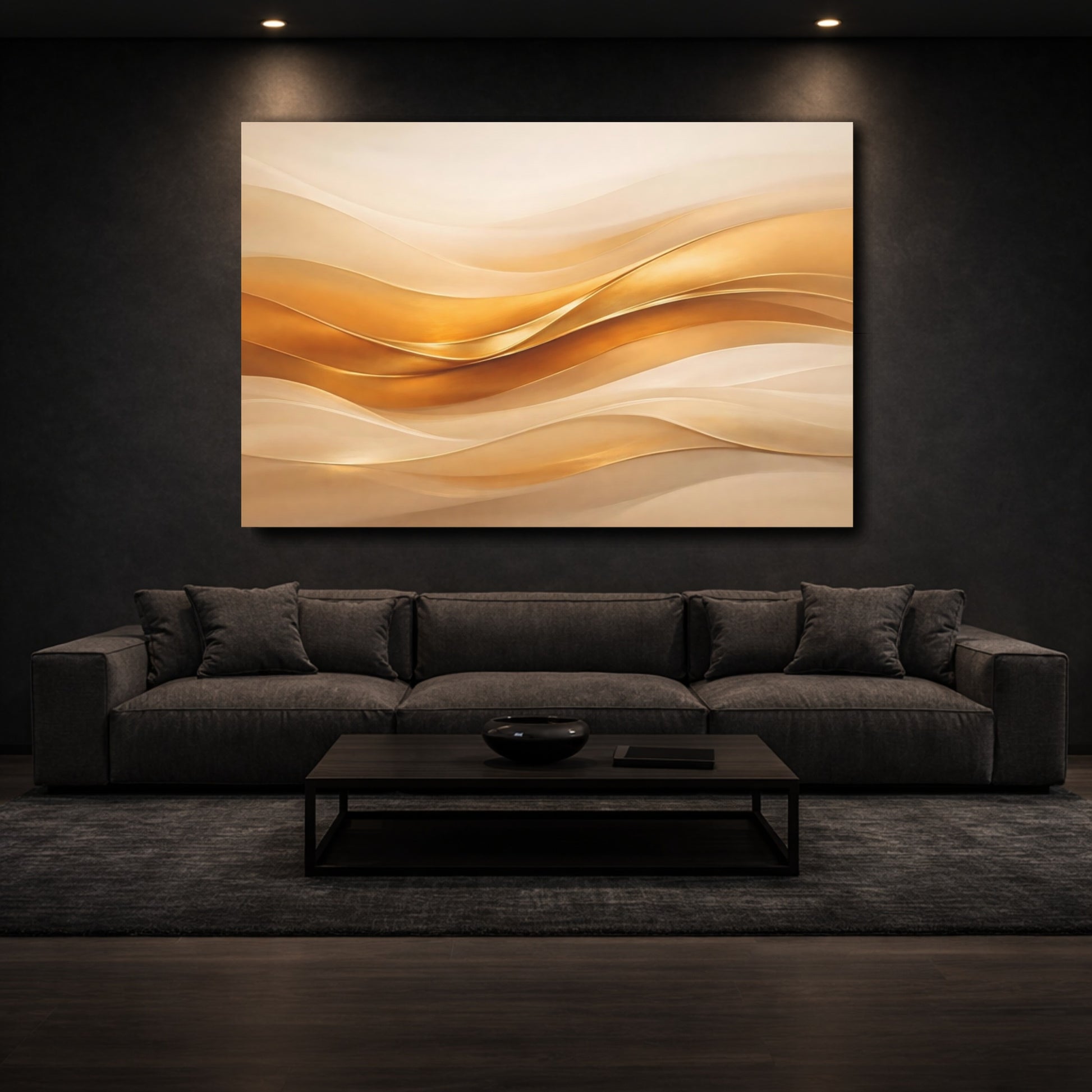 Mockup 2. Abstract Abstract Waves Gold And Beige shown as stretched canvas wall art