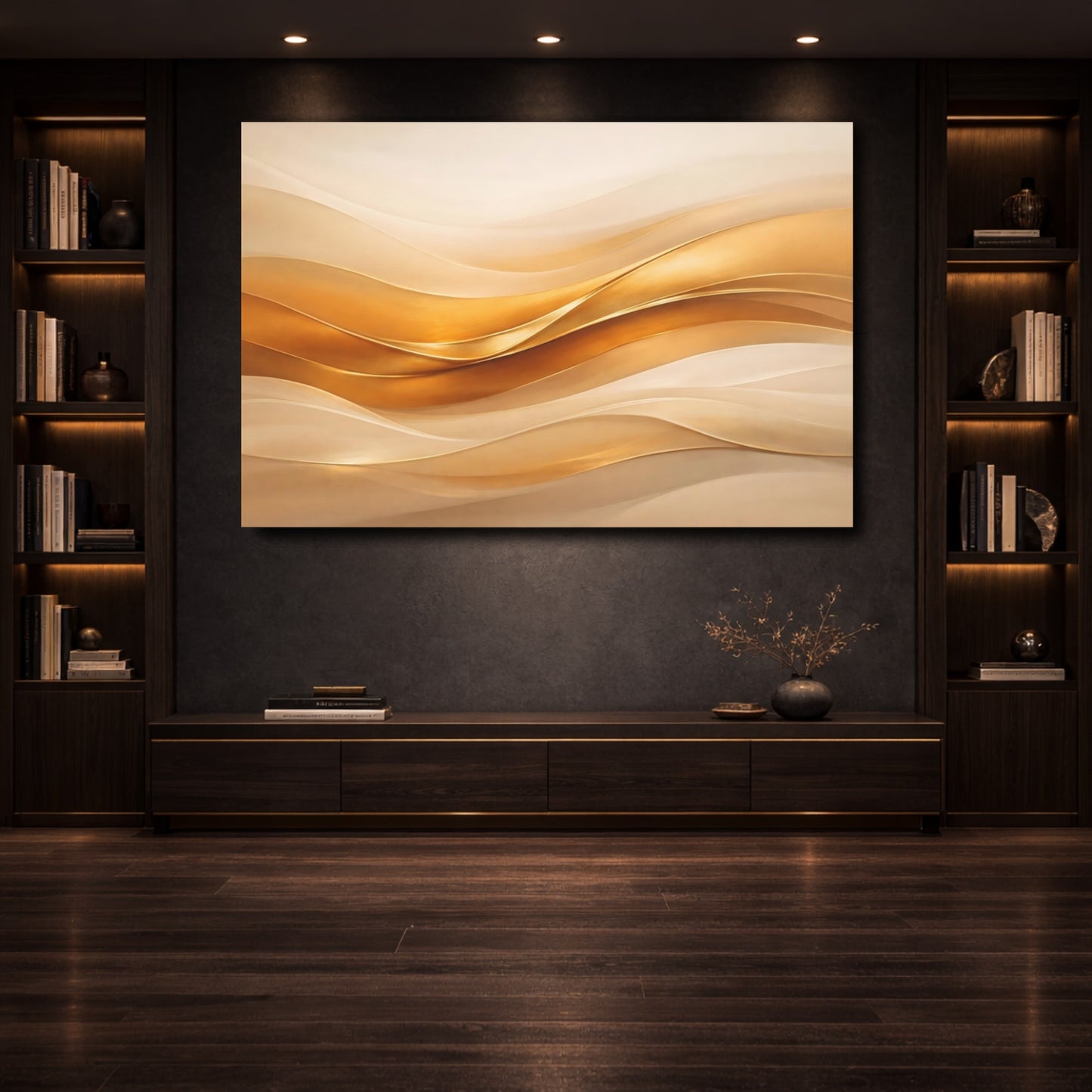 Mockup 3. Abstract Abstract Waves Gold And Beige shown as stretched canvas wall art