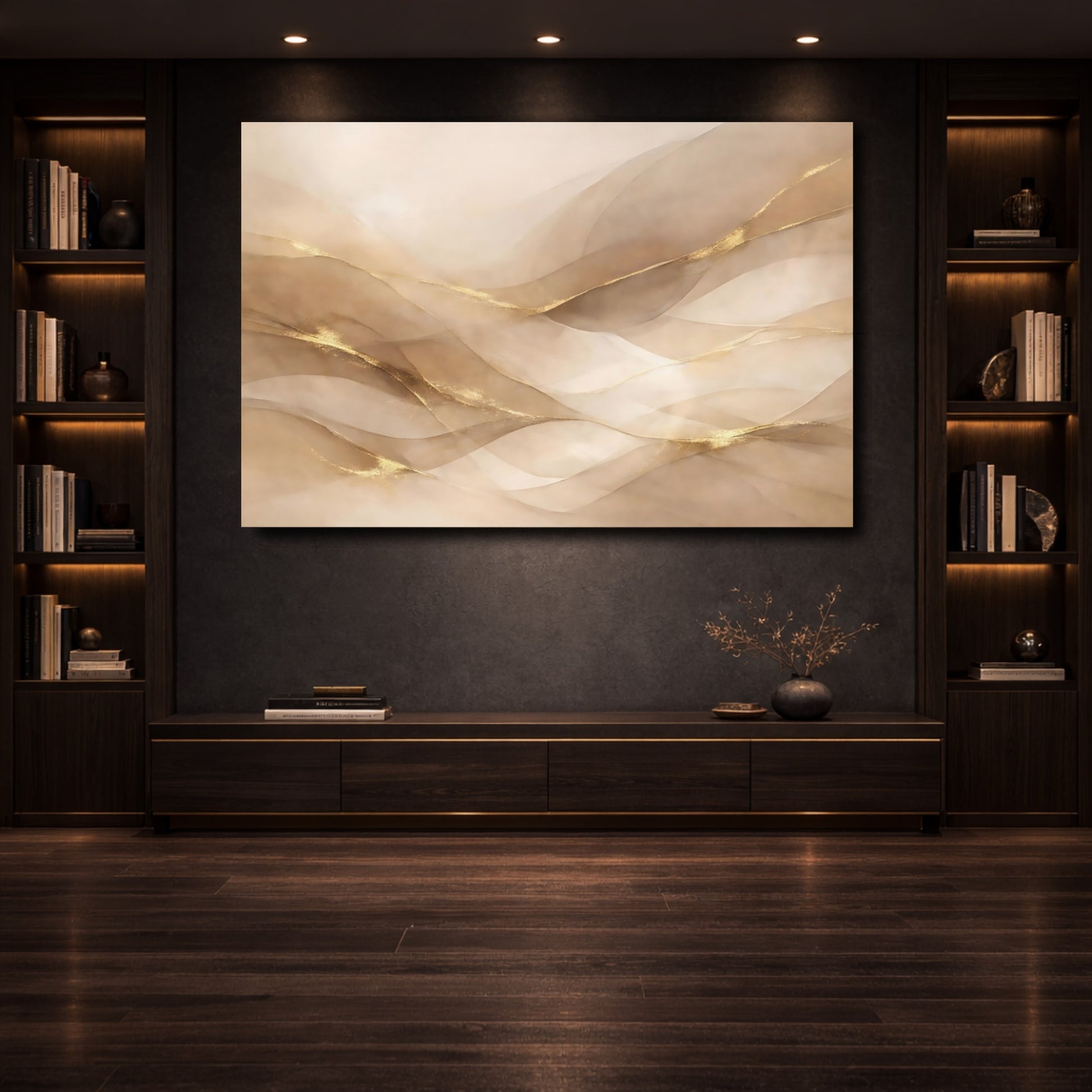 Mockup 3. Abstract Abstract Waves Gold And Beige shown as stretched canvas wall art