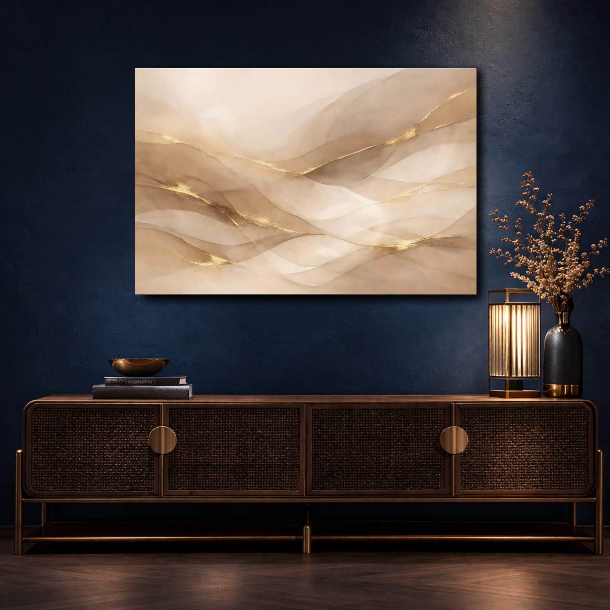 Mockup 4. Abstract Abstract Waves Gold And Beige shown as stretched canvas wall art