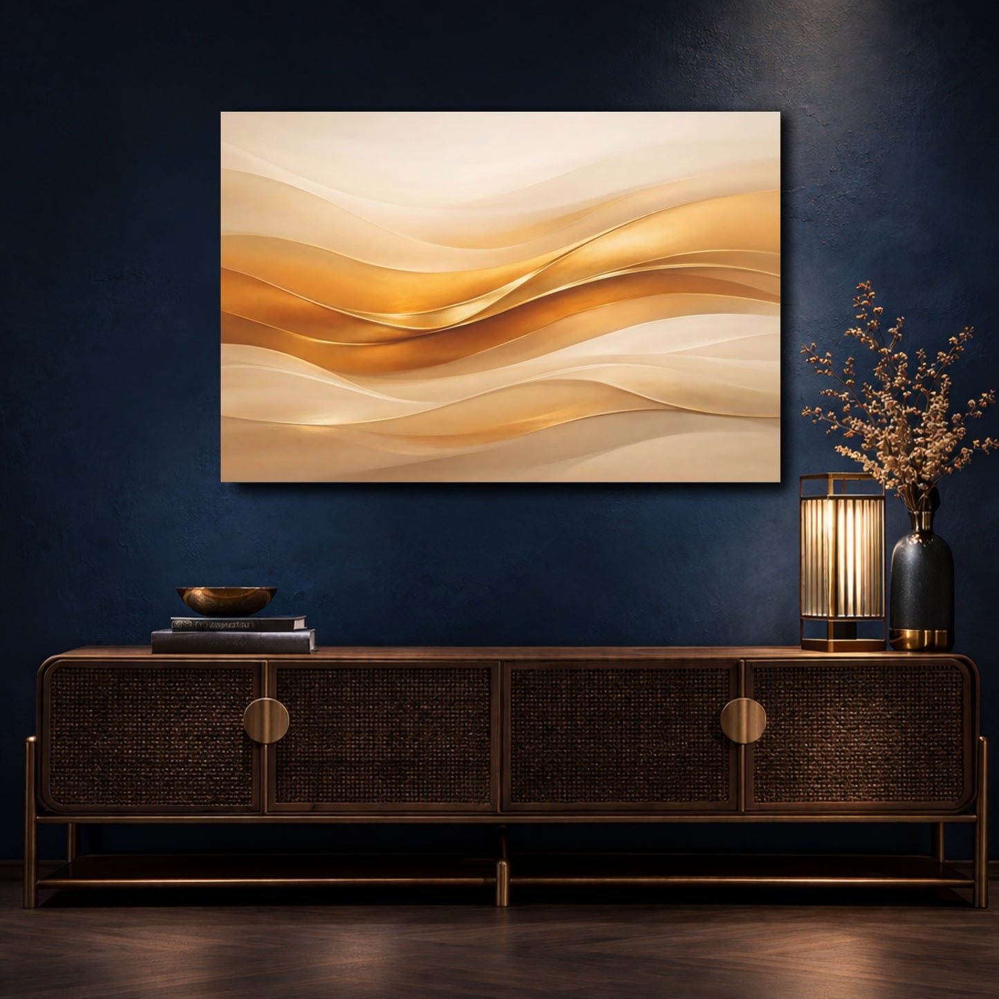 Mockup 4. Abstract Abstract Waves Gold And Beige shown as stretched canvas wall art
