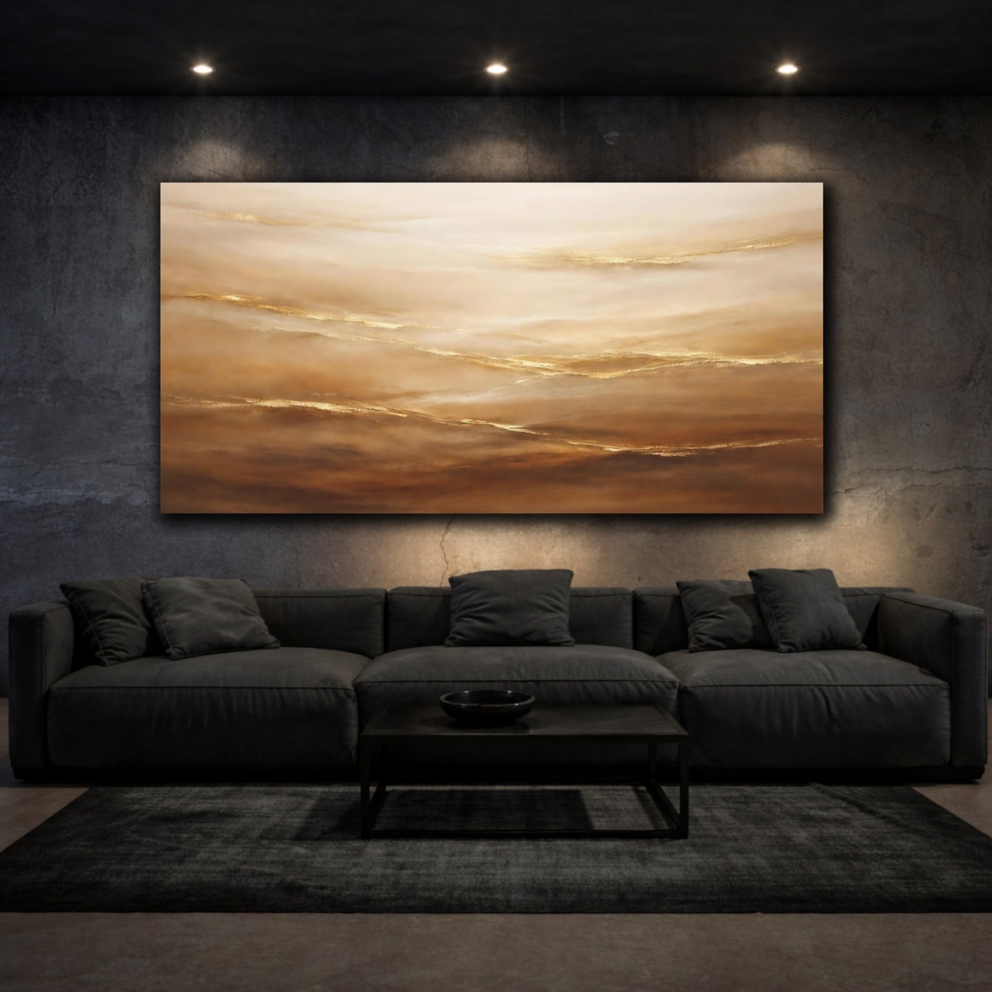 Mockup 2. Abstract Abstract Waves Gold And Brown Abstract shown as stretched canvas wall art
