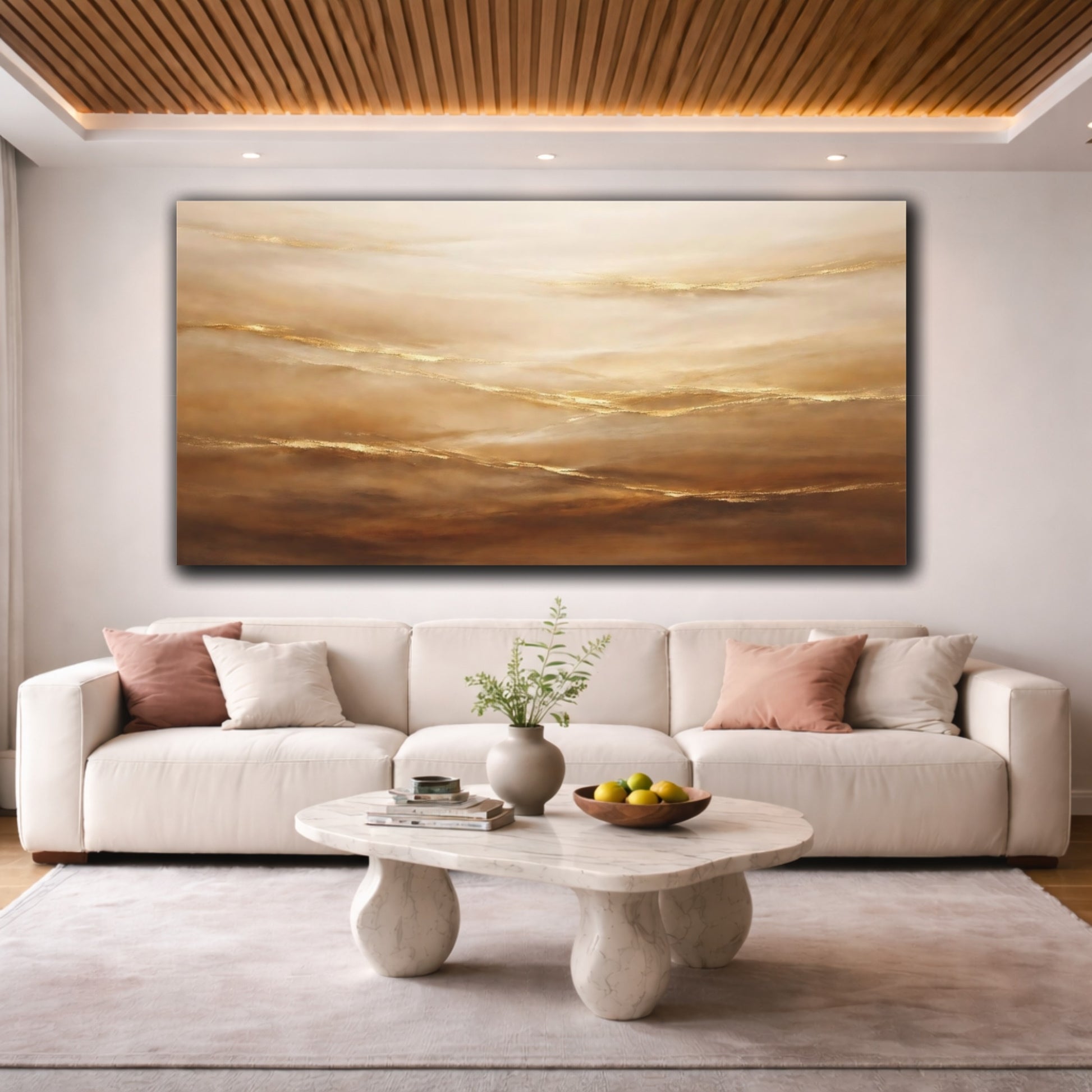 Mockup 3. Abstract Abstract Waves Gold And Brown Abstract shown as stretched canvas wall art