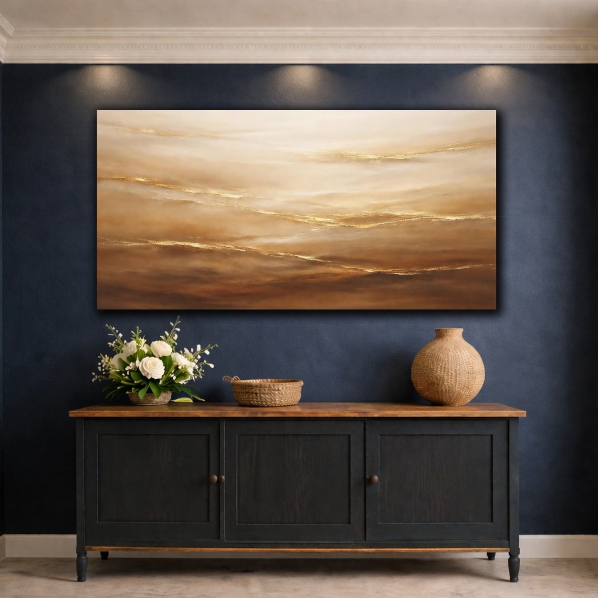 Mockup 4. Abstract Abstract Waves Gold And Brown Abstract shown as stretched canvas wall art