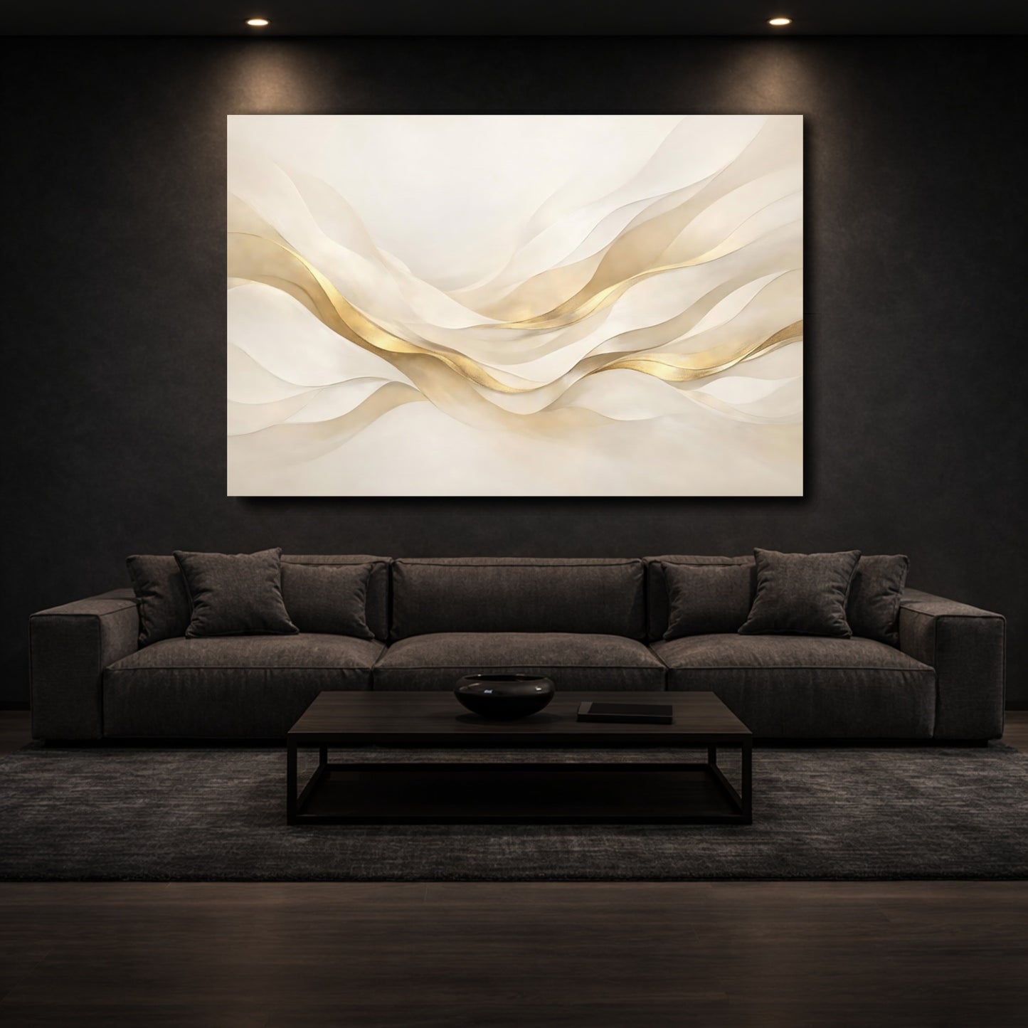 Mockup 2. Abstract Abstract Waves Gold And Cream shown as stretched canvas wall art