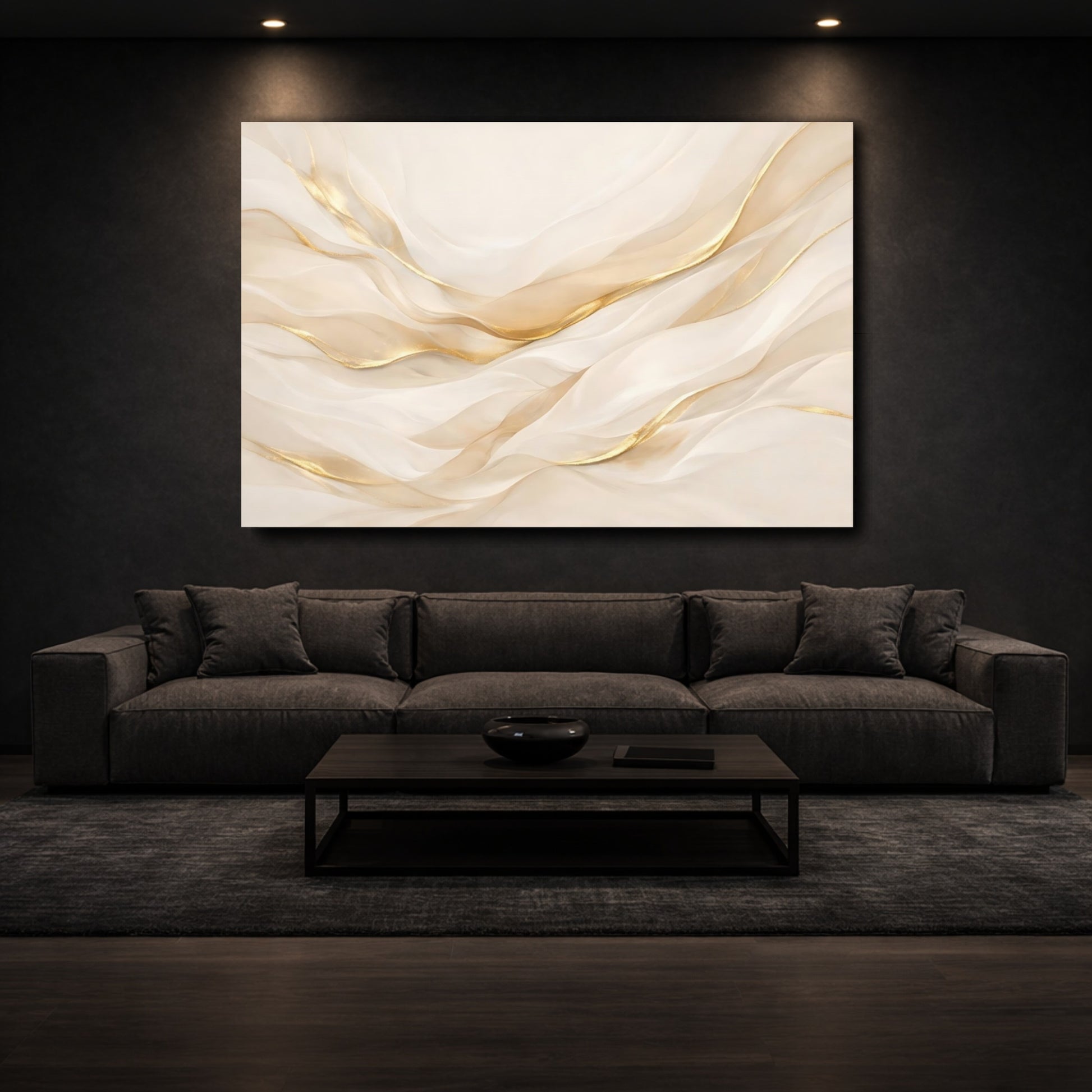 Mockup 2. Abstract Abstract Waves Gold And Cream shown as stretched canvas wall art