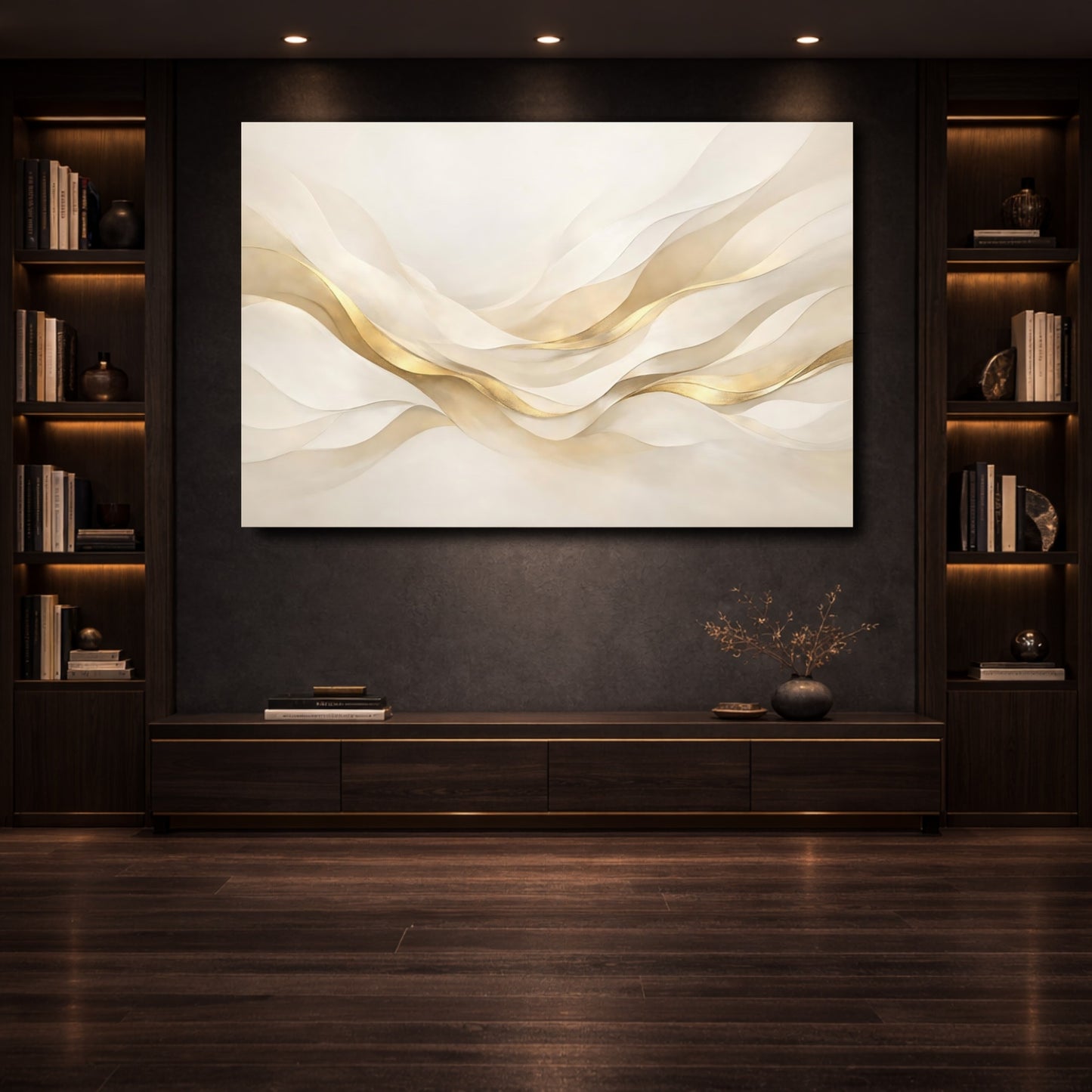 Mockup 3. Abstract Abstract Waves Gold And Cream shown as stretched canvas wall art