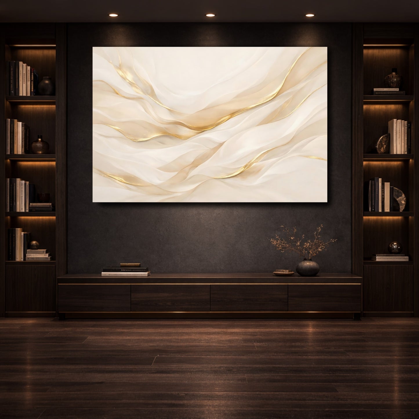 Mockup 3. Abstract Abstract Waves Gold And Cream shown as stretched canvas wall art