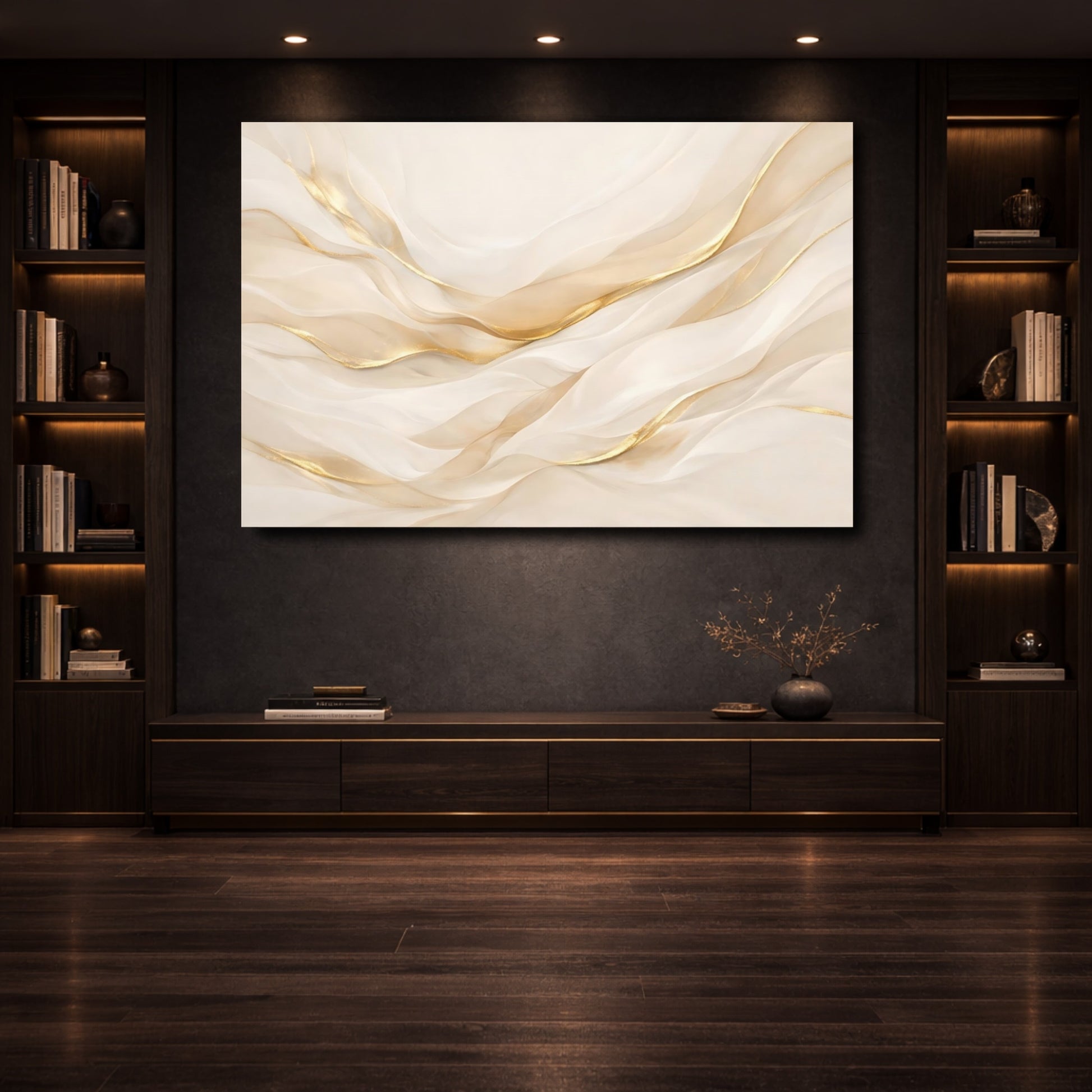 Mockup 3. Abstract Abstract Waves Gold And Cream shown as stretched canvas wall art