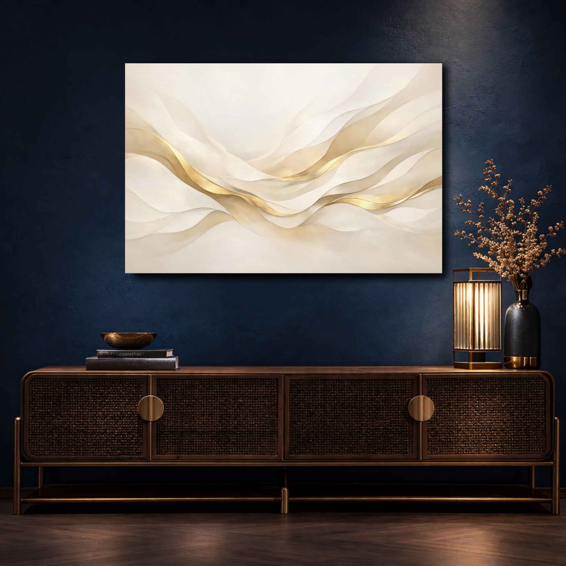 Mockup 4. Abstract Abstract Waves Gold And Cream shown as stretched canvas wall art