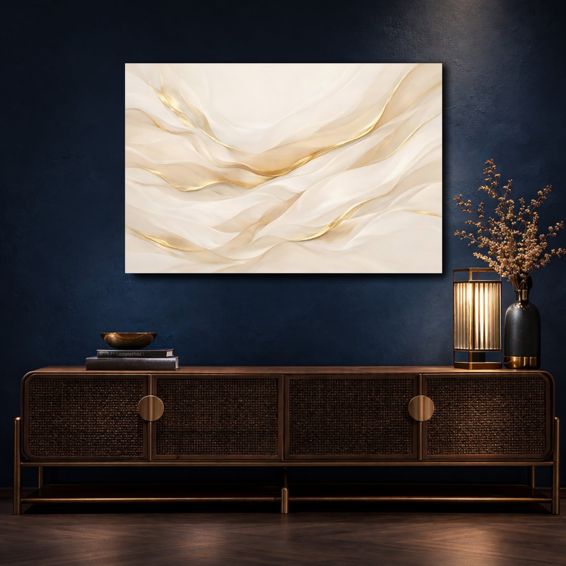 Mockup 4. Abstract Abstract Waves Gold And Cream shown as stretched canvas wall art