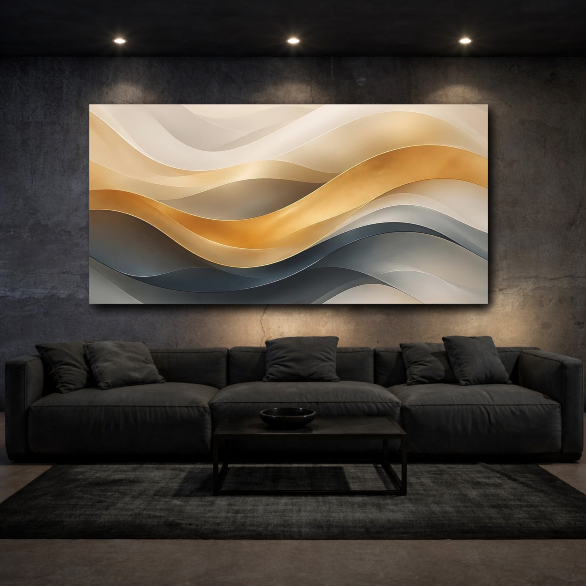 Mockup 2. Abstract Abstract Waves Gold And Gray Waves shown as stretched canvas wall art