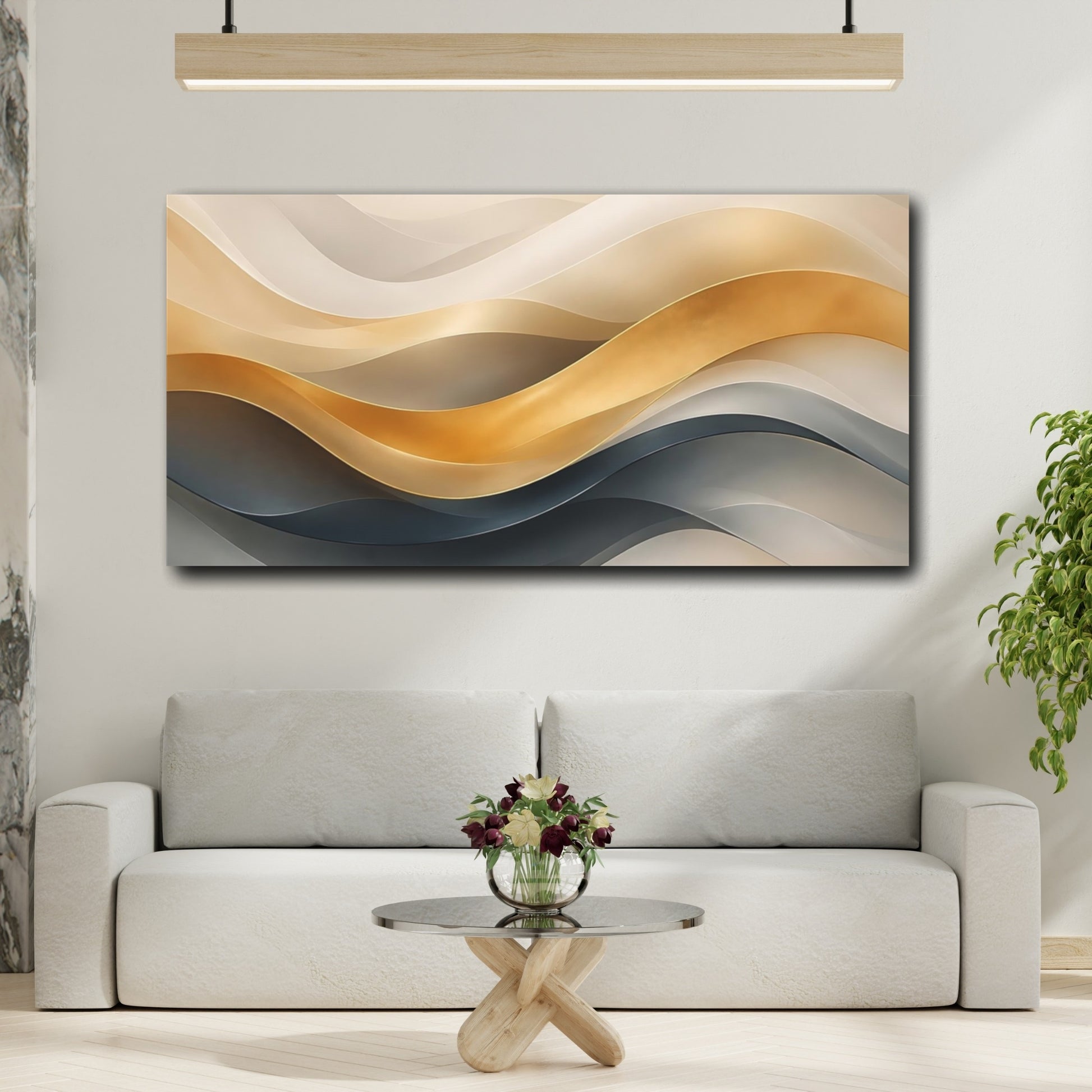 Mockup 3. Abstract Abstract Waves Gold And Gray Waves shown as stretched canvas wall art