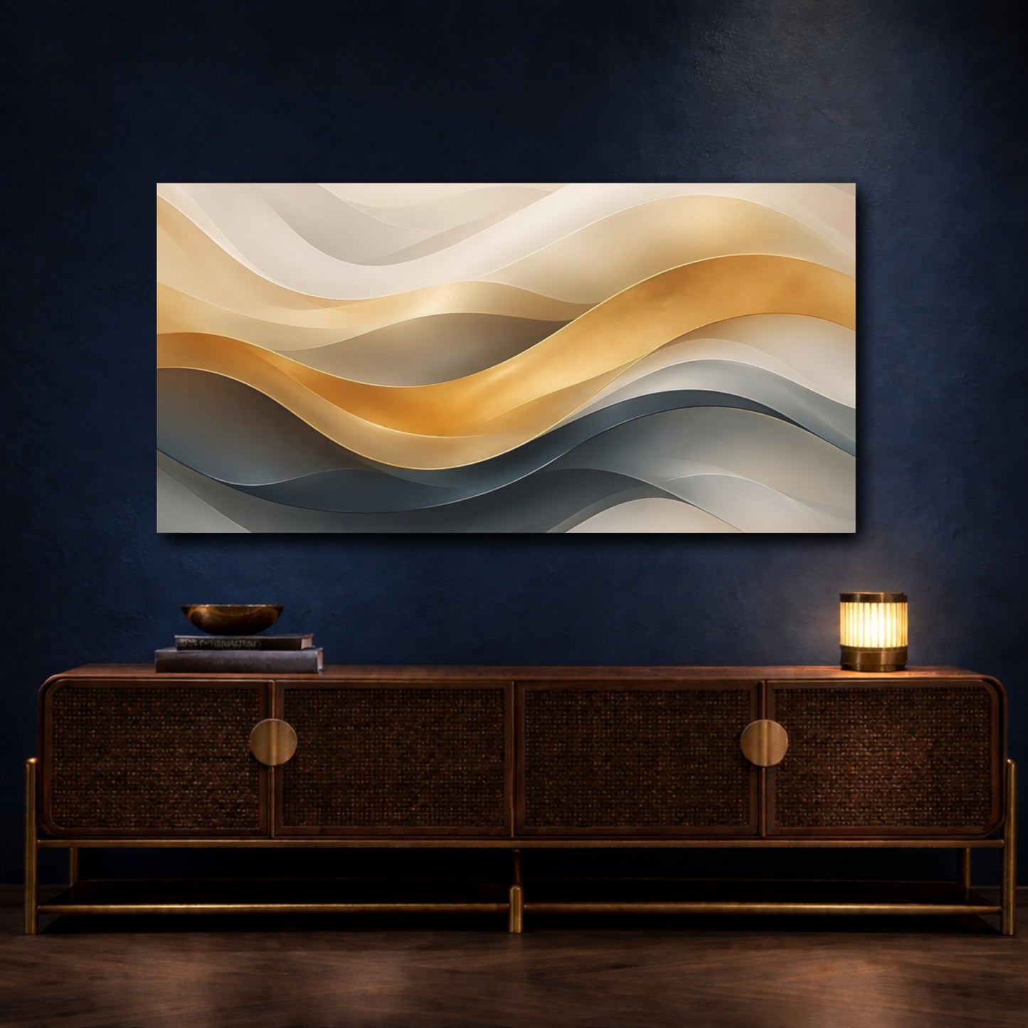 Mockup 4. Abstract Abstract Waves Gold And Gray Waves shown as stretched canvas wall art