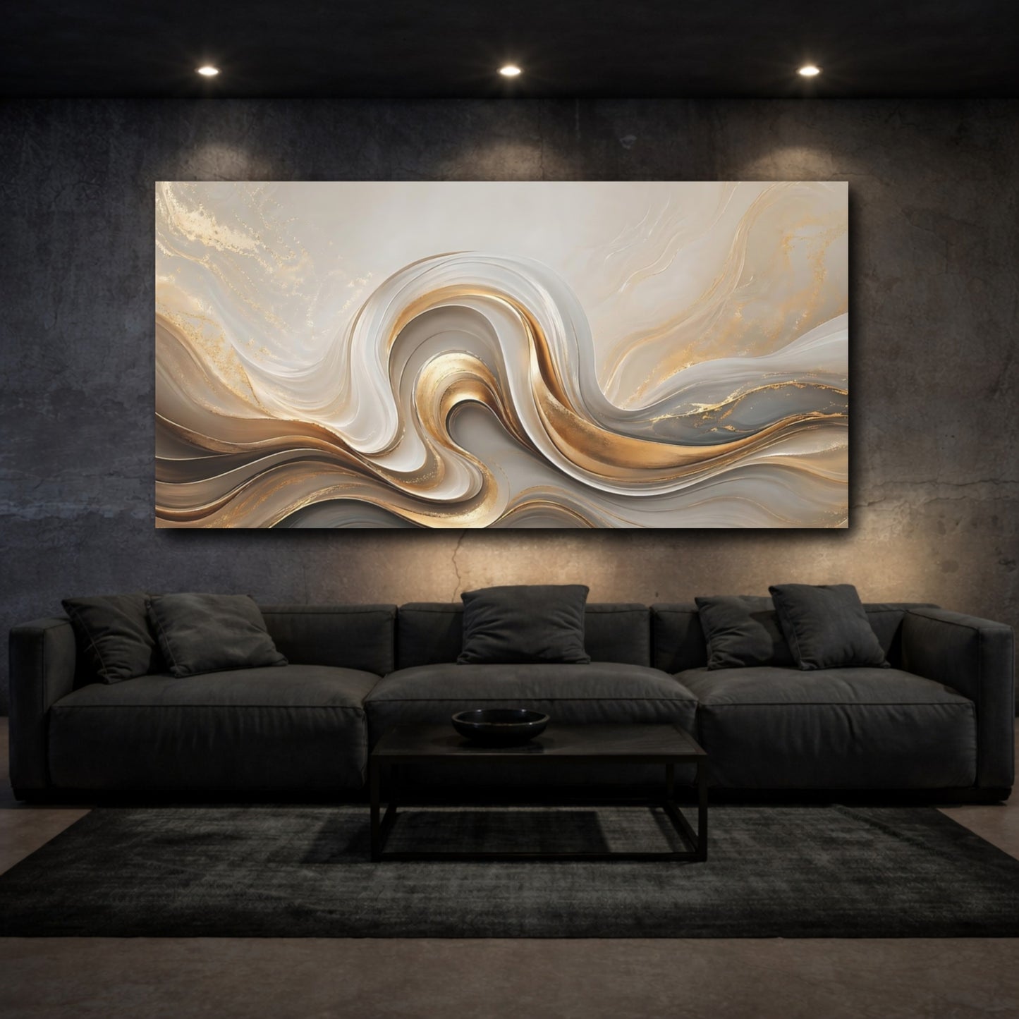 Mockup 2. Abstract Abstract Waves Gold And Grey shown as stretched canvas wall art