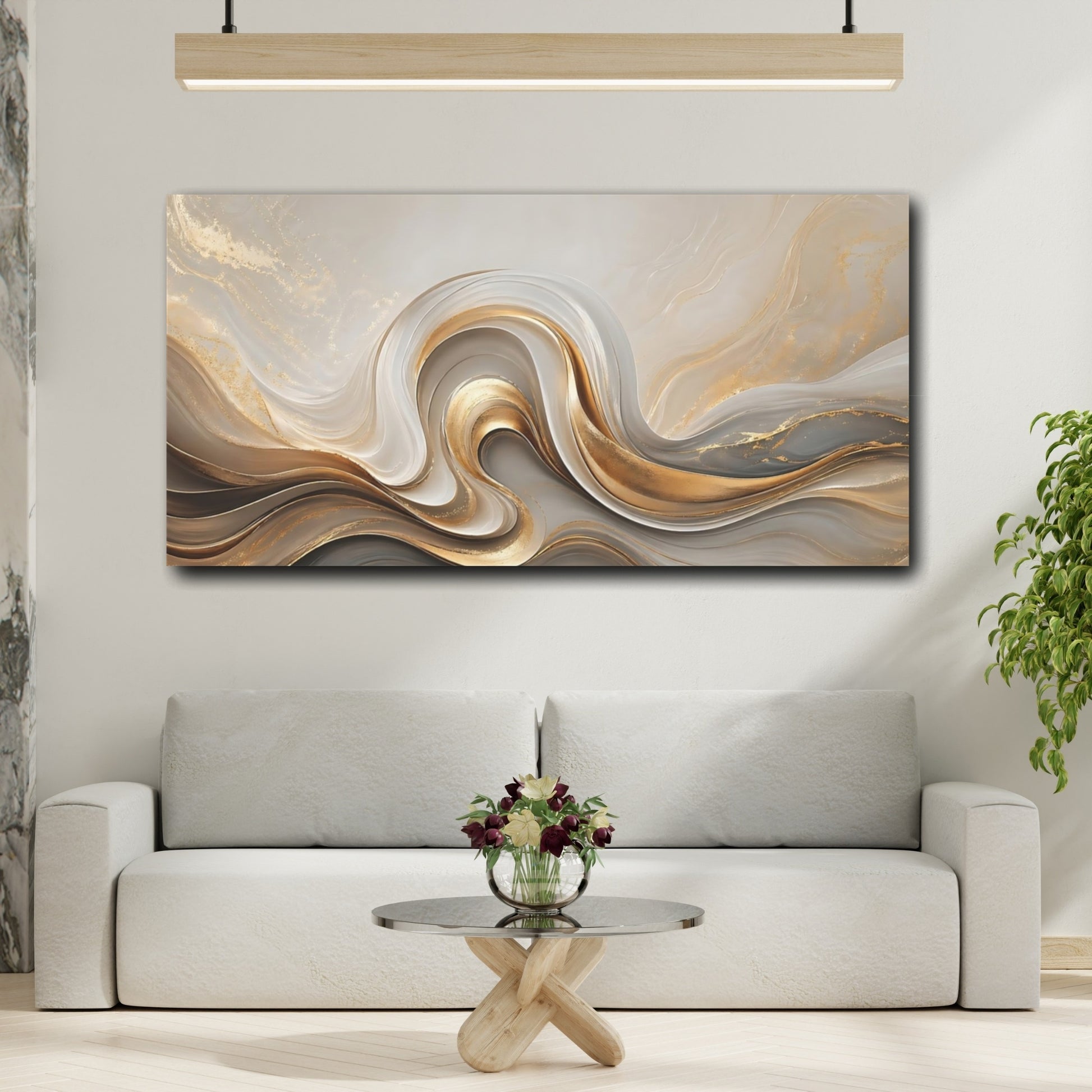Mockup 3. Abstract Abstract Waves Gold And Grey shown as stretched canvas wall art