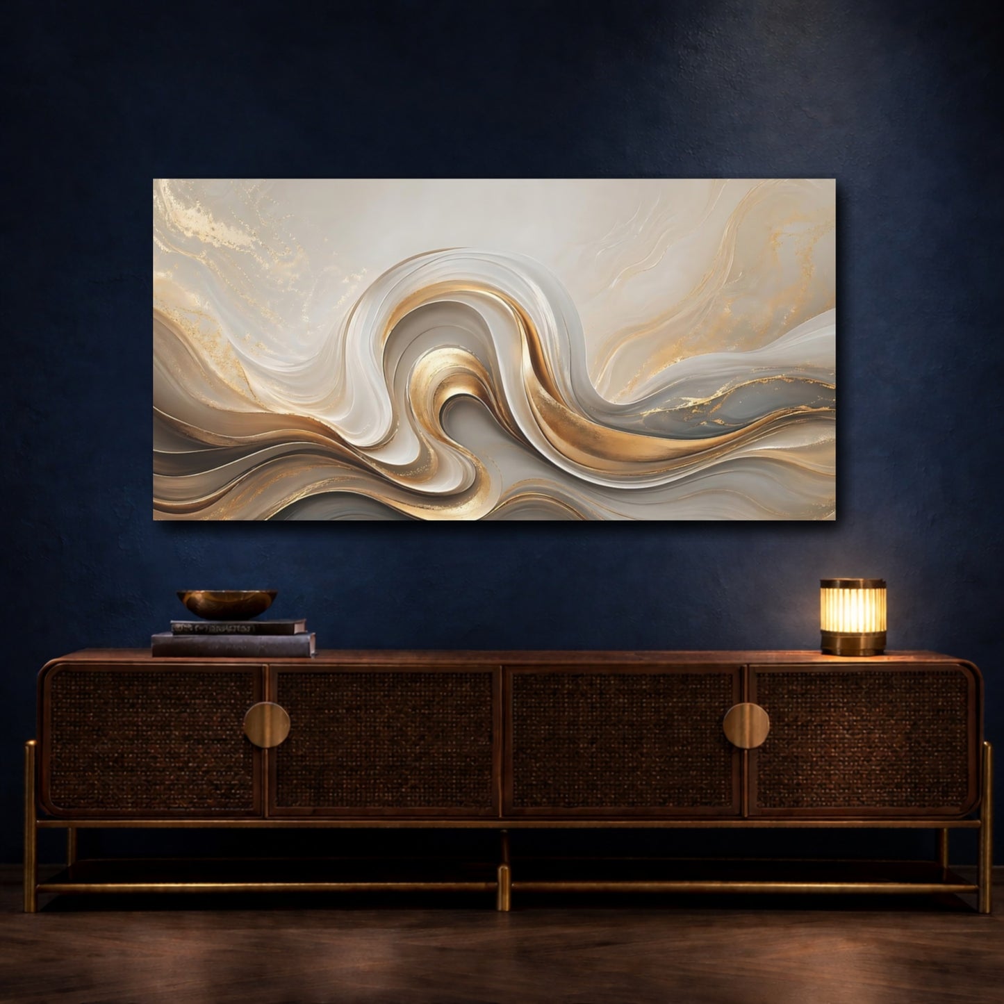 Mockup 4. Abstract Abstract Waves Gold And Grey shown as stretched canvas wall art