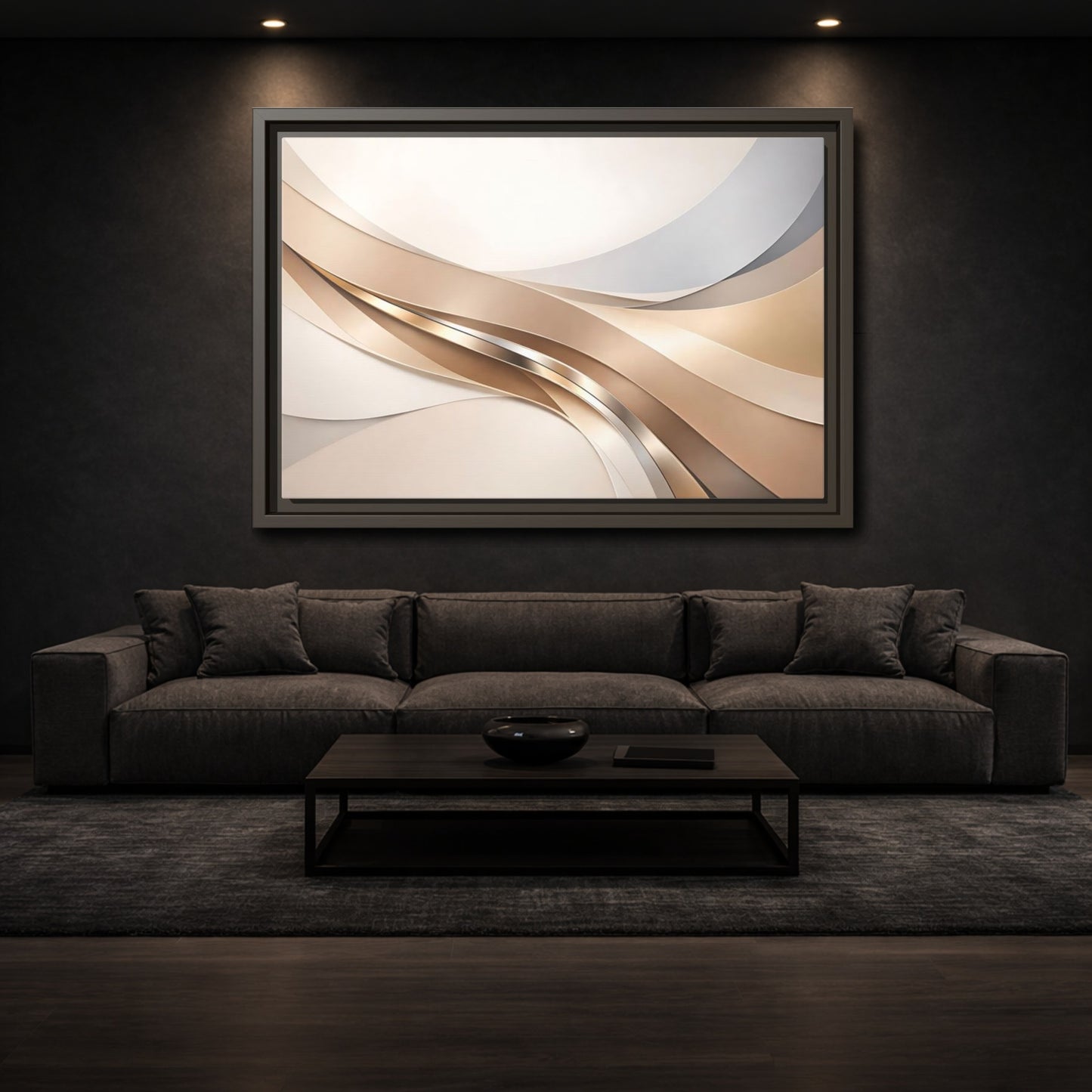 Mockup 2. Abstract Abstract Waves Gold And Neutral shown as stretched canvas wall art
