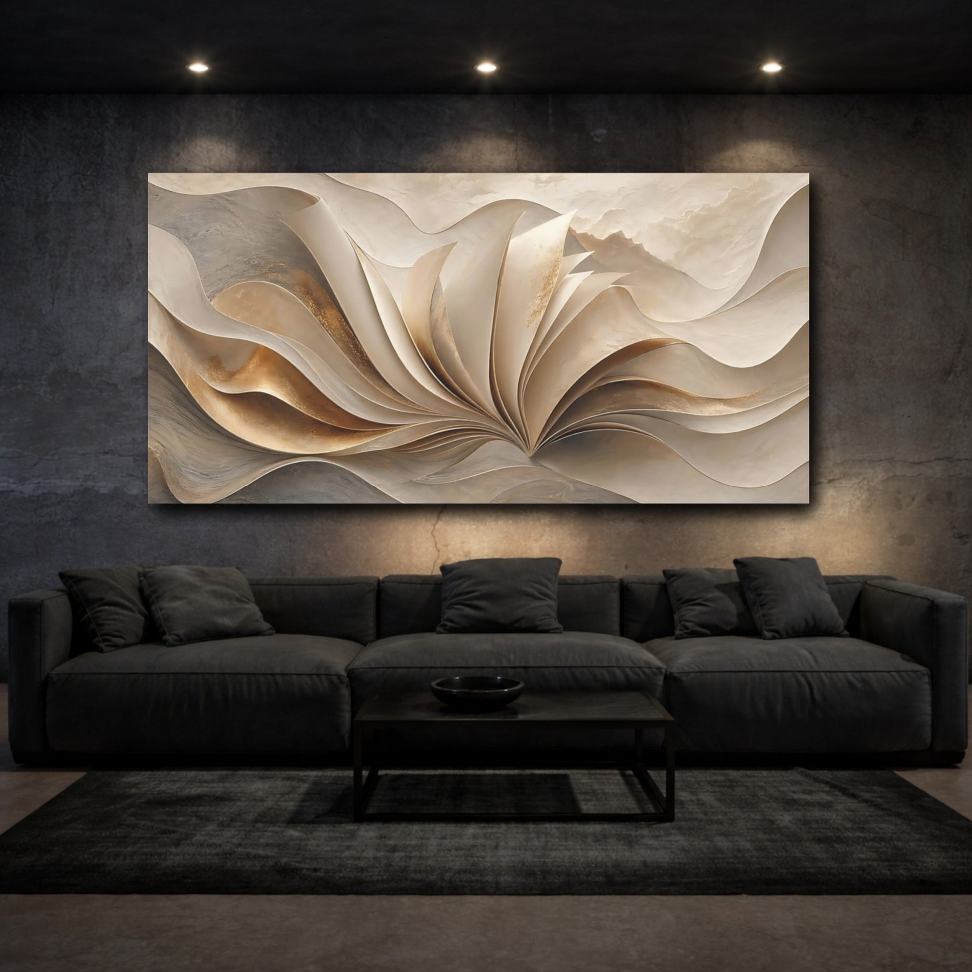 Mockup 2. Abstract Abstract Waves Gold And Neutral shown as stretched canvas wall art