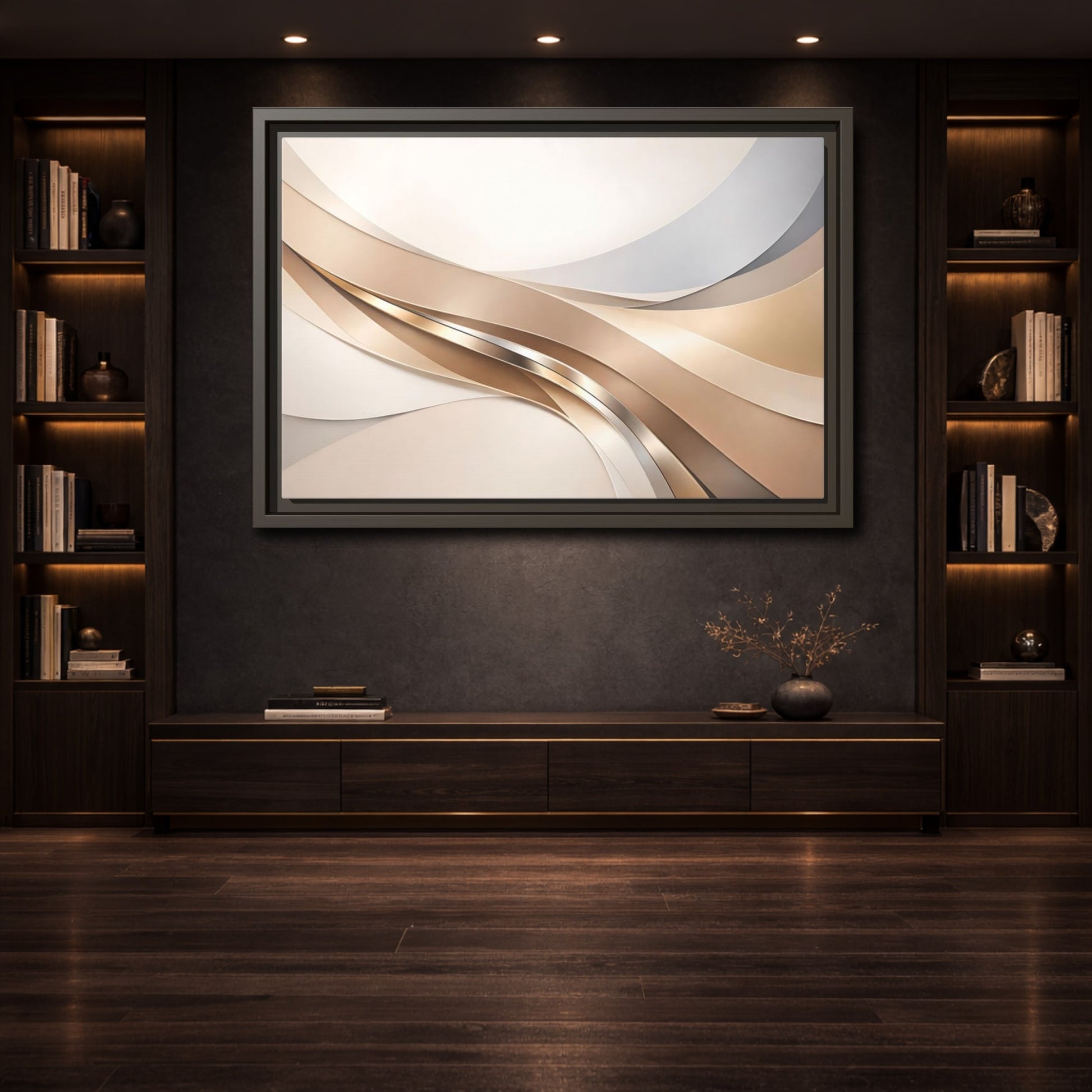 Mockup 3. Abstract Abstract Waves Gold And Neutral shown as stretched canvas wall art