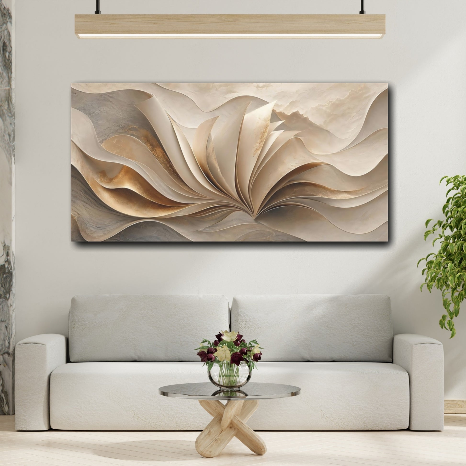 Mockup 3. Abstract Abstract Waves Gold And Neutral shown as stretched canvas wall art