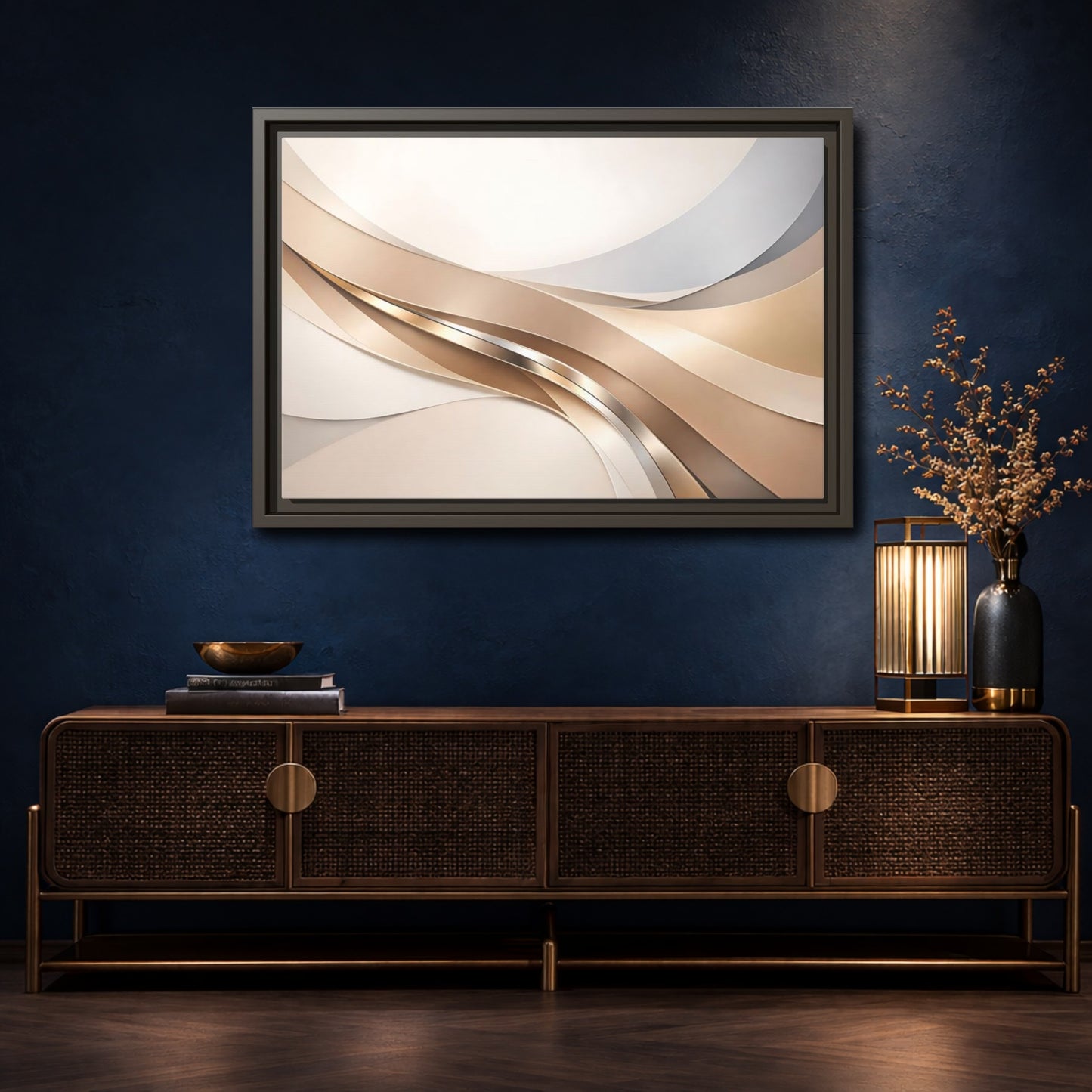 Mockup 4. Abstract Abstract Waves Gold And Neutral shown as stretched canvas wall art