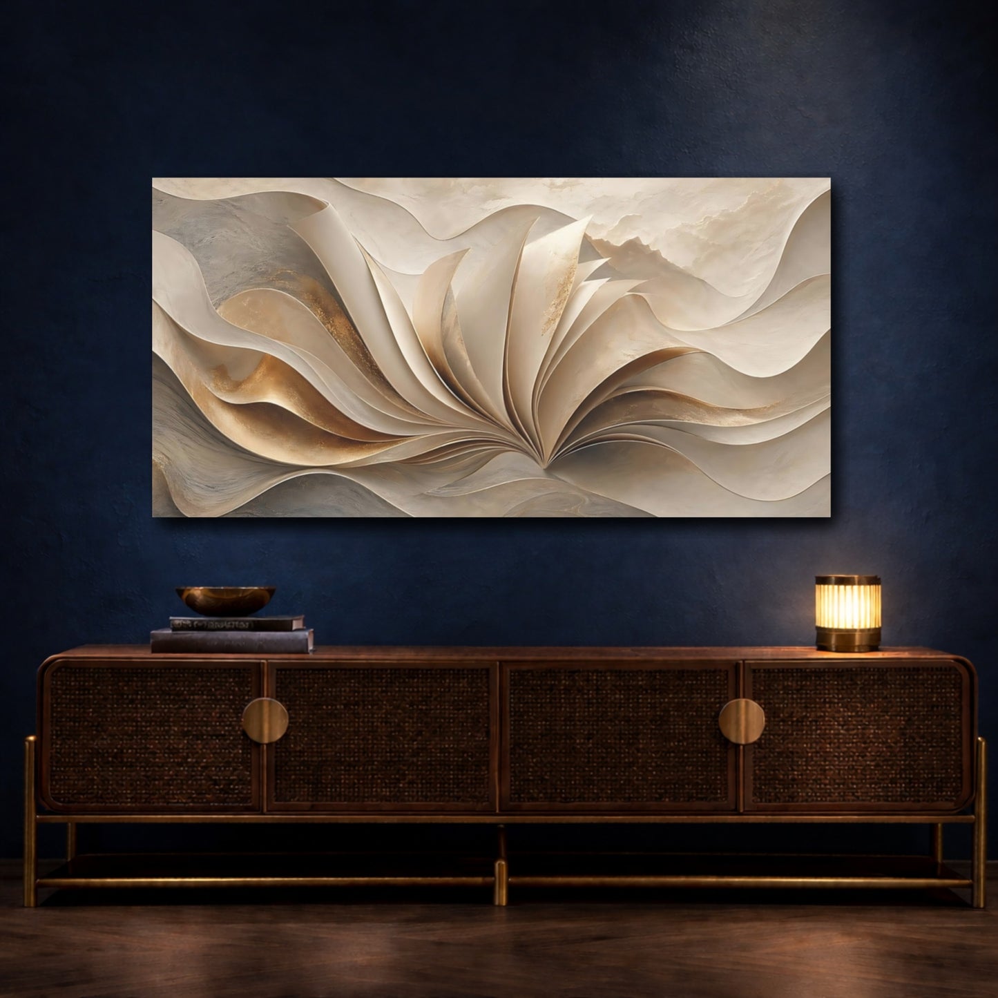 Mockup 4. Abstract Abstract Waves Gold And Neutral shown as stretched canvas wall art