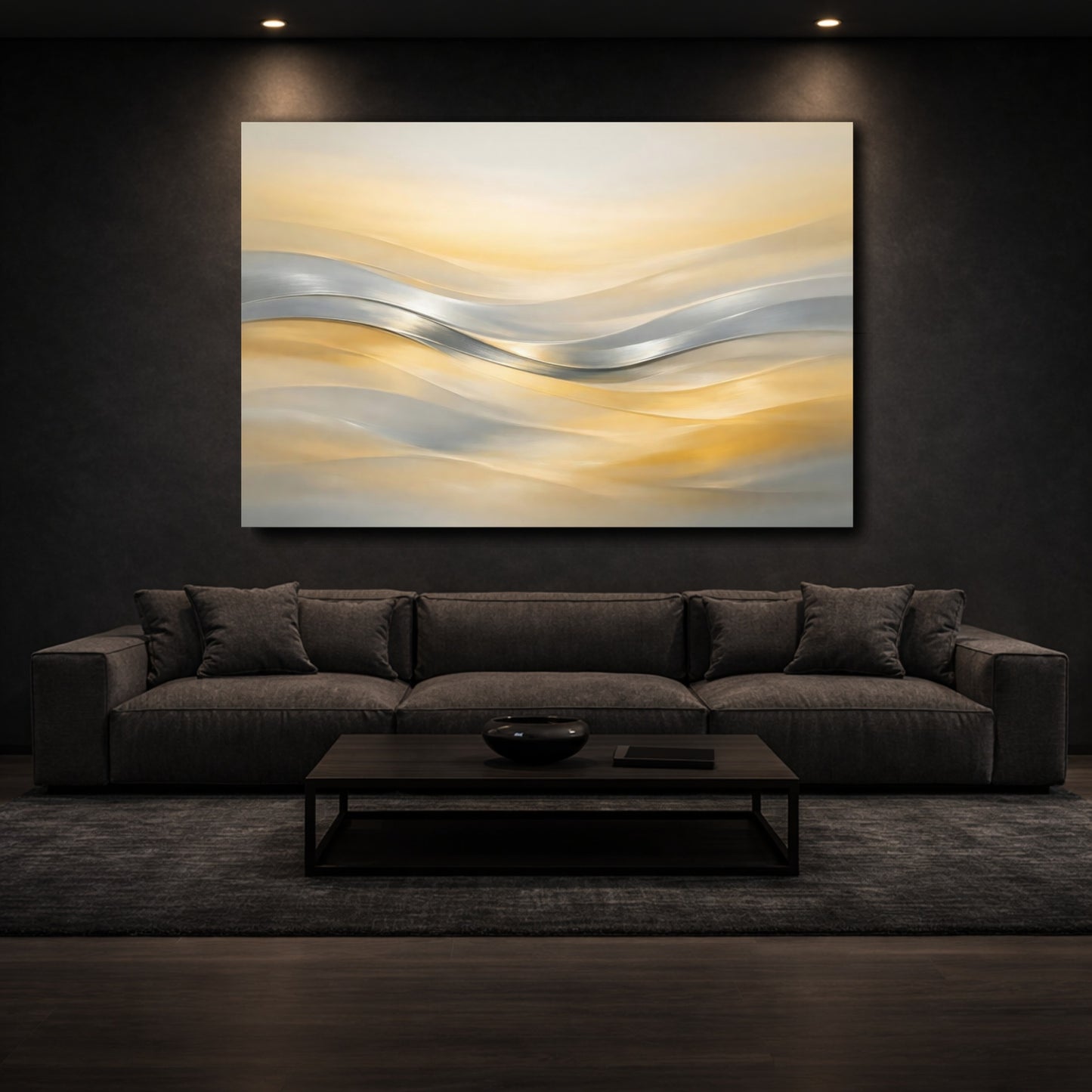 Mockup 2. Abstract Abstract Waves Gold And Silver Waves shown as stretched canvas wall art