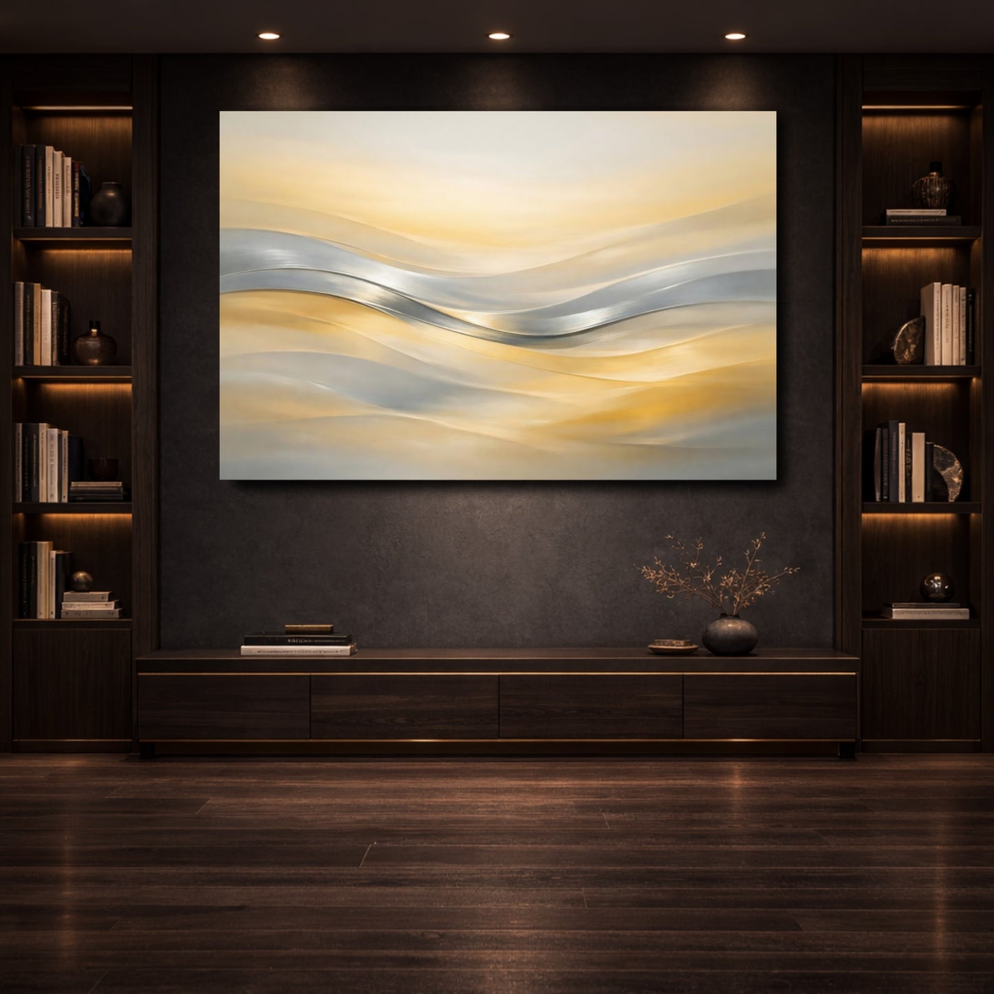 Mockup 3. Abstract Abstract Waves Gold And Silver Waves shown as stretched canvas wall art