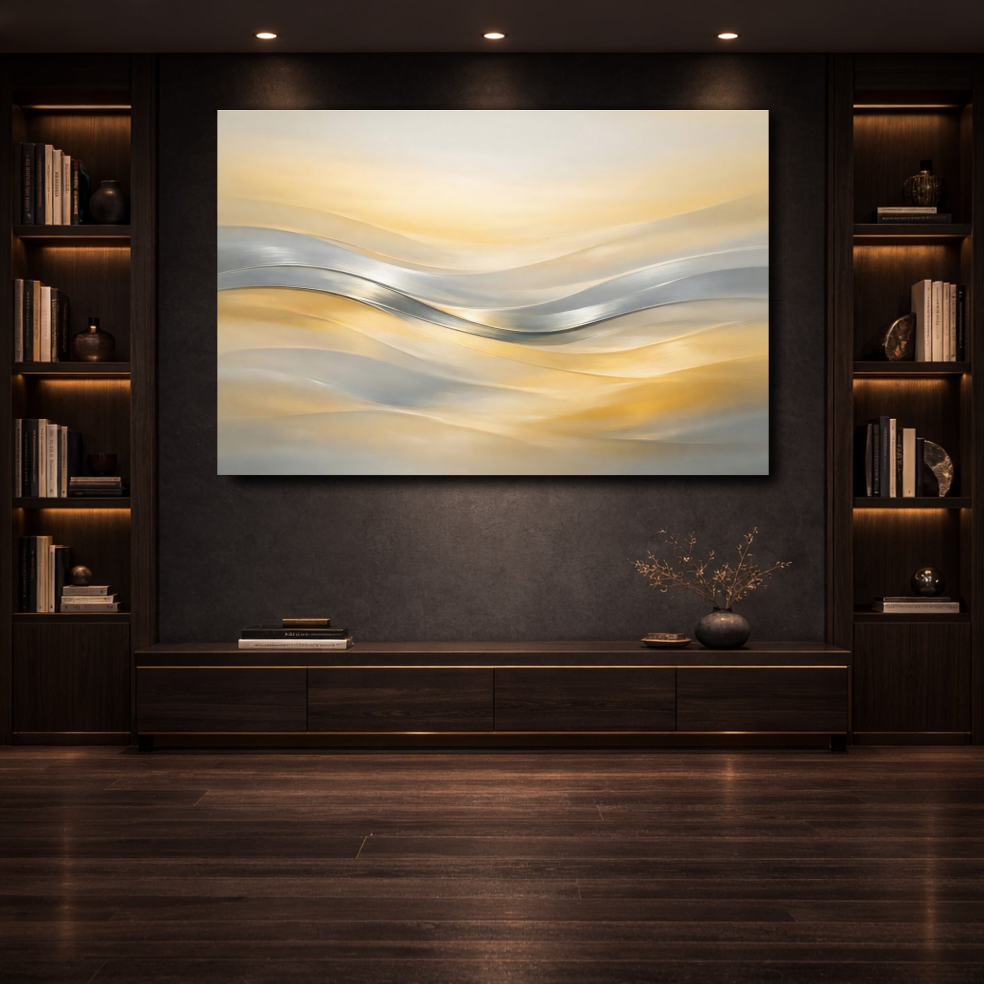 Mockup 3. Abstract Abstract Waves Gold And Silver Waves shown as stretched canvas wall art