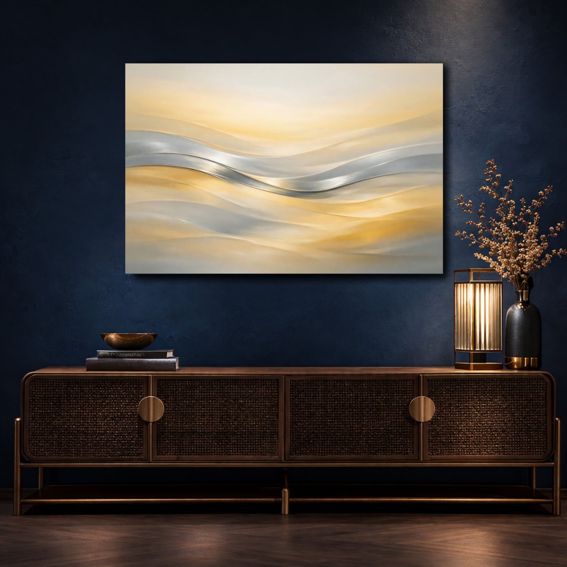 Mockup 4. Abstract Abstract Waves Gold And Silver Waves shown as stretched canvas wall art