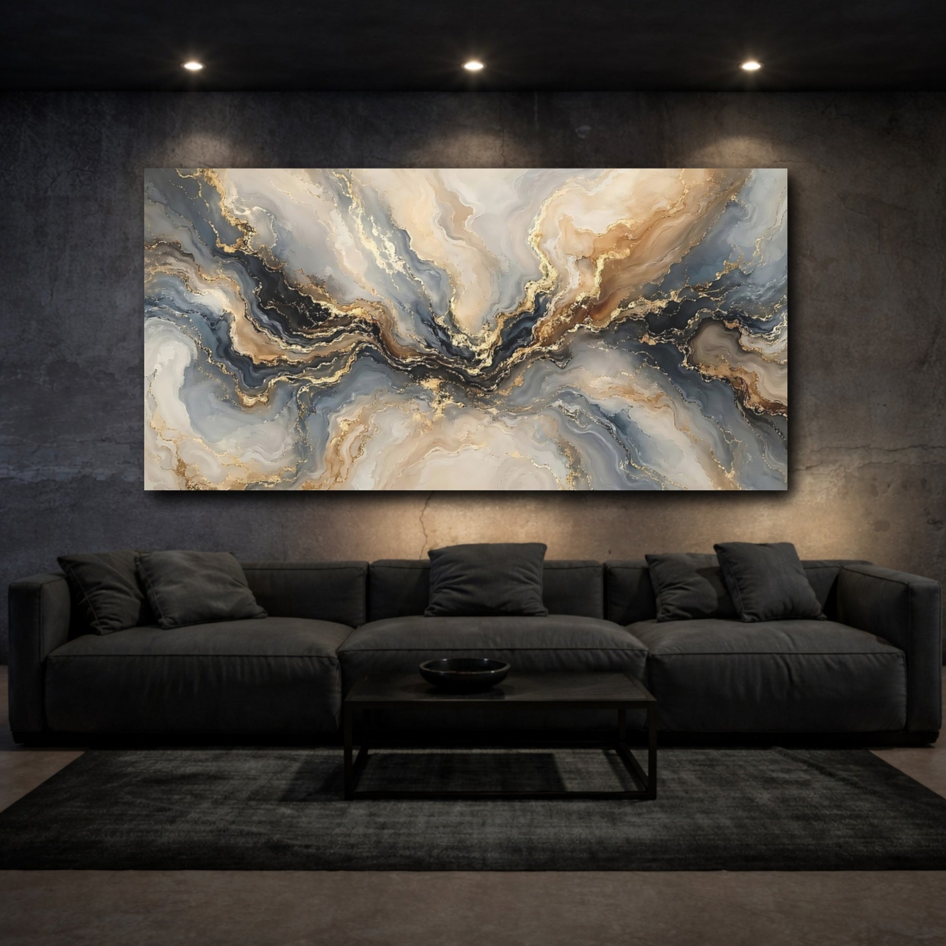 Mockup 2. Abstract Abstract Waves Gold Grey Blue Abstract shown as stretched canvas wall art