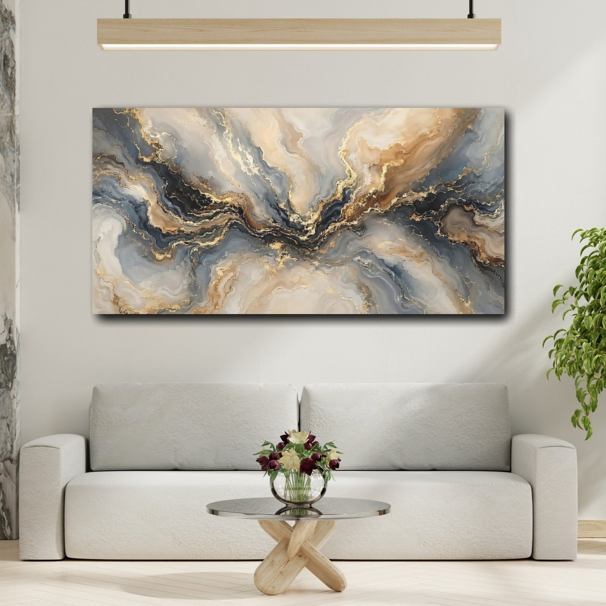 Mockup 3. Abstract Abstract Waves Gold Grey Blue Abstract shown as stretched canvas wall art
