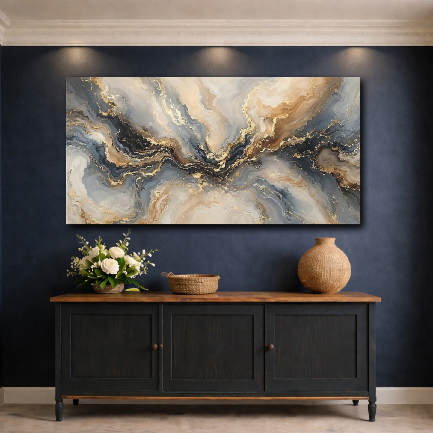 Mockup 4. Abstract Abstract Waves Gold Grey Blue Abstract shown as stretched canvas wall art