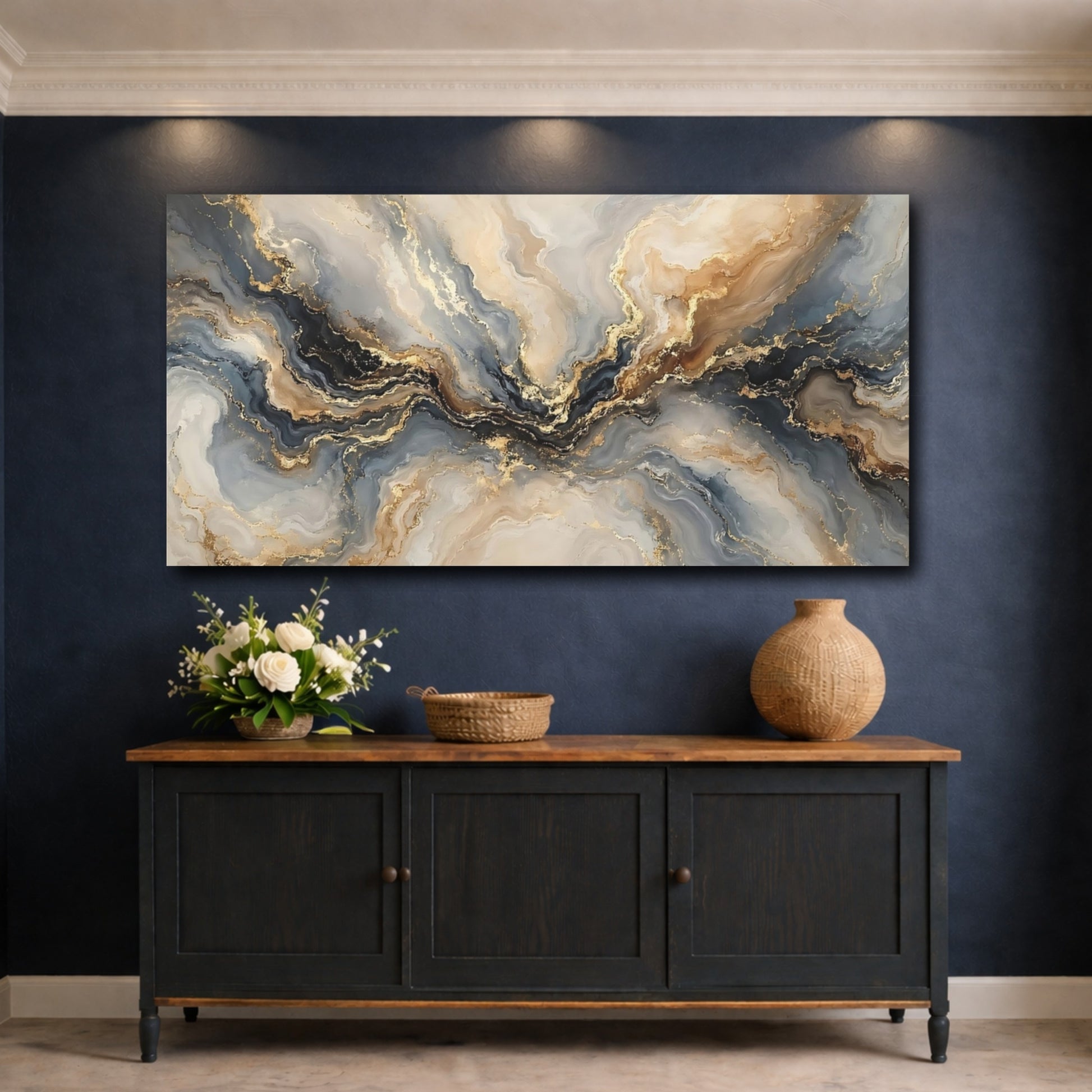 Mockup 4. Abstract Abstract Waves Gold Grey Blue Abstract shown as stretched canvas wall art