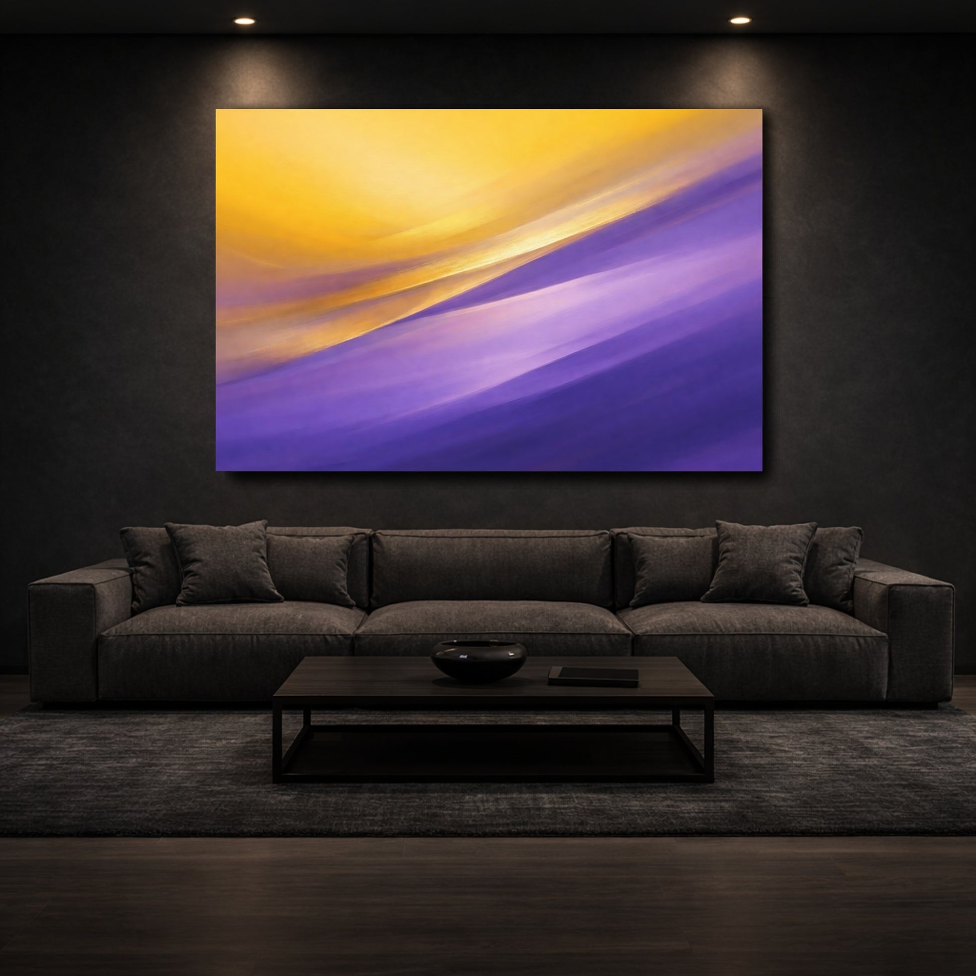 Mockup 2. Abstract Abstract Waves Gold Purple Abstract shown as stretched canvas wall art