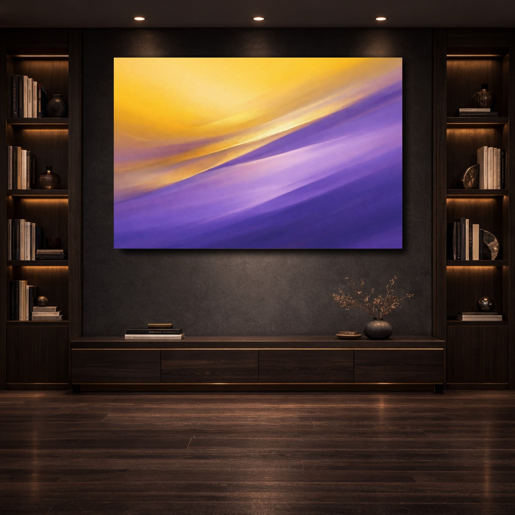 Mockup 3. Abstract Abstract Waves Gold Purple Abstract shown as stretched canvas wall art
