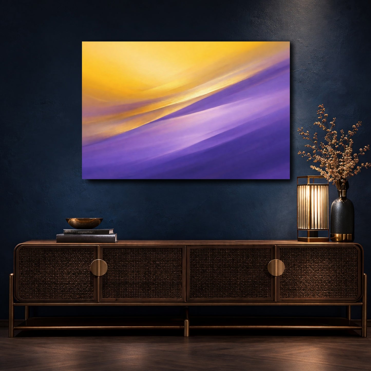 Mockup 4. Abstract Abstract Waves Gold Purple Abstract shown as stretched canvas wall art