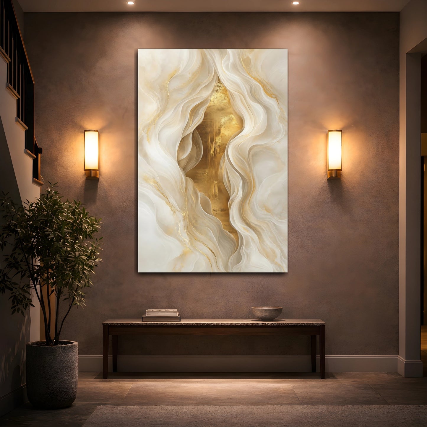 Mockup 2. Abstract Abstract Waves Gold White Abstract shown as stretched canvas wall art