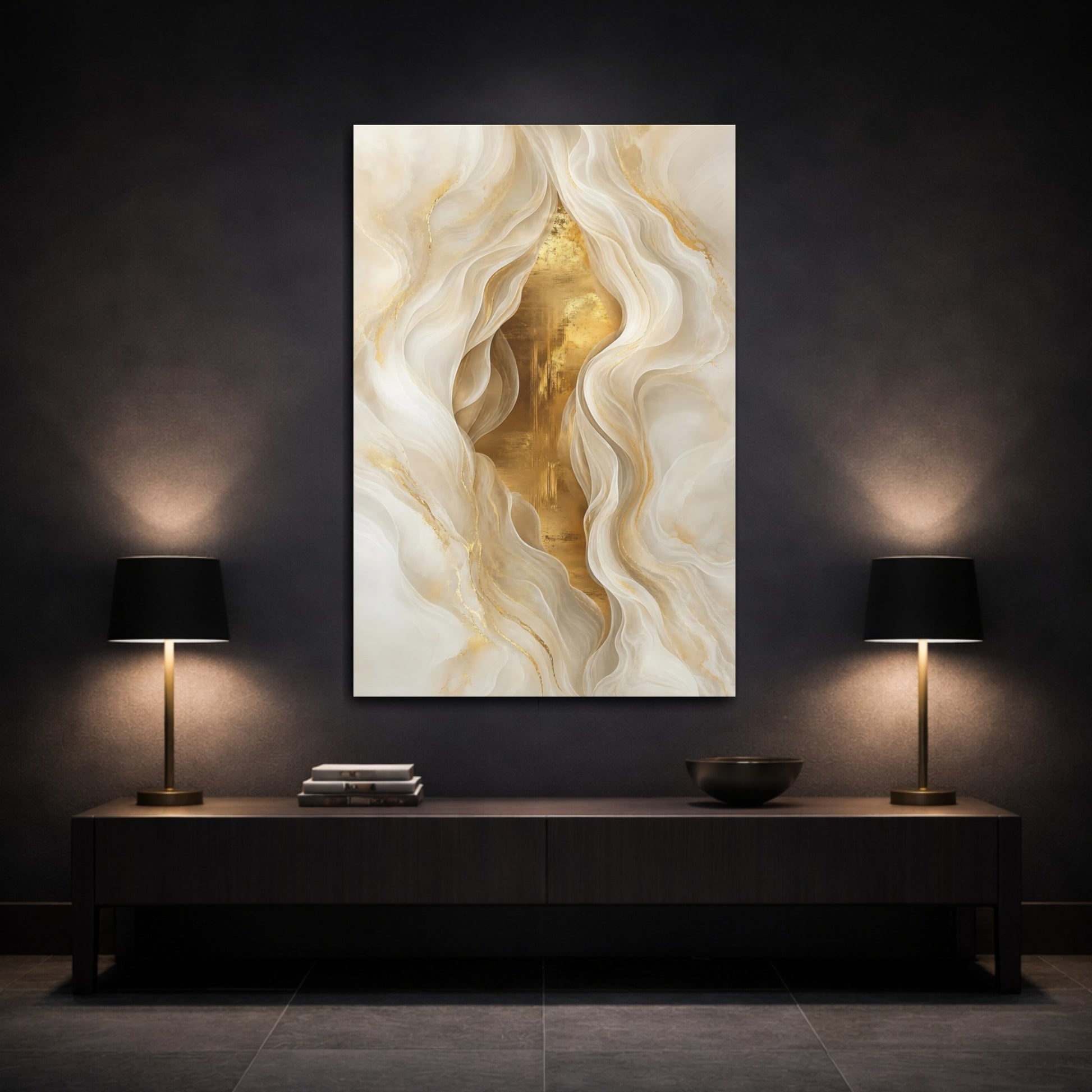 Mockup 3. Abstract Abstract Waves Gold White Abstract shown as stretched canvas wall art
