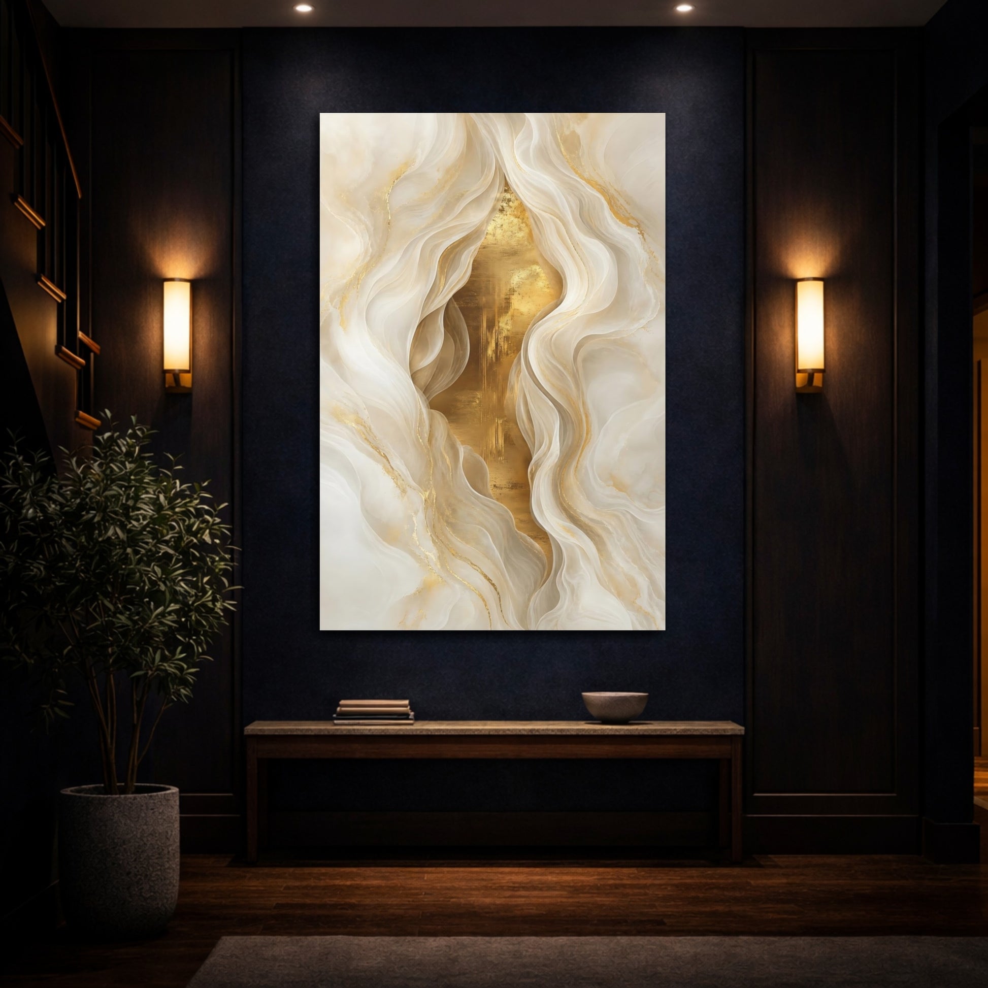 Mockup 4. Abstract Abstract Waves Gold White Abstract shown as stretched canvas wall art