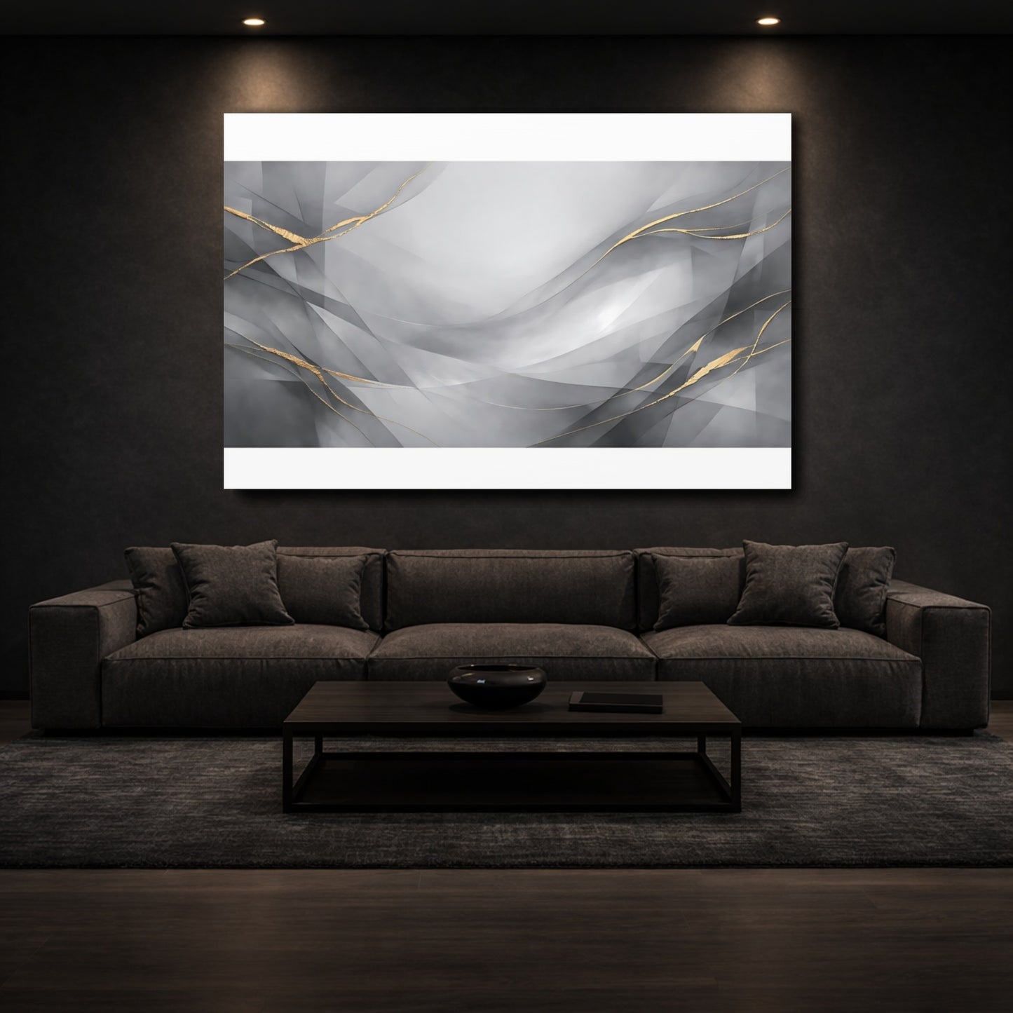 Mockup 2. Abstract Abstract Waves Gray Gold Abstract shown as stretched canvas wall art