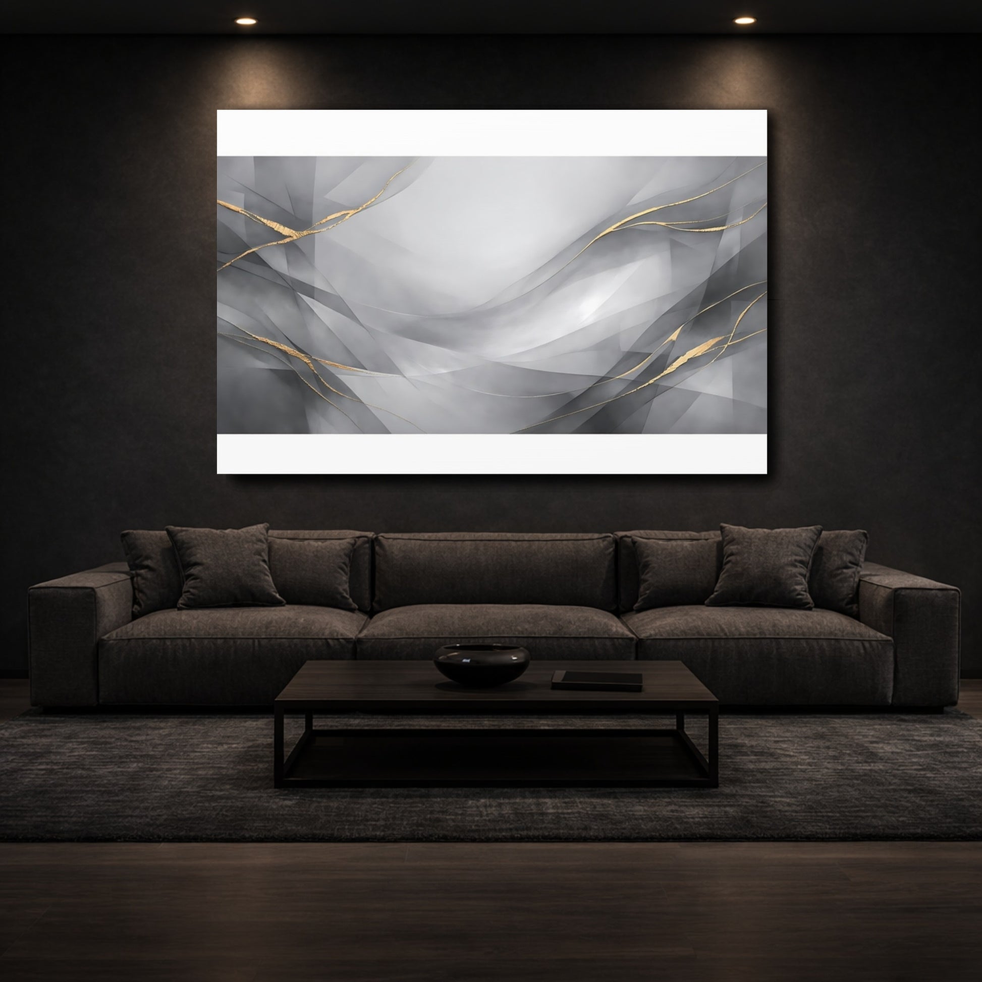 Mockup 2. Abstract Abstract Waves Gray Gold Abstract shown as stretched canvas wall art