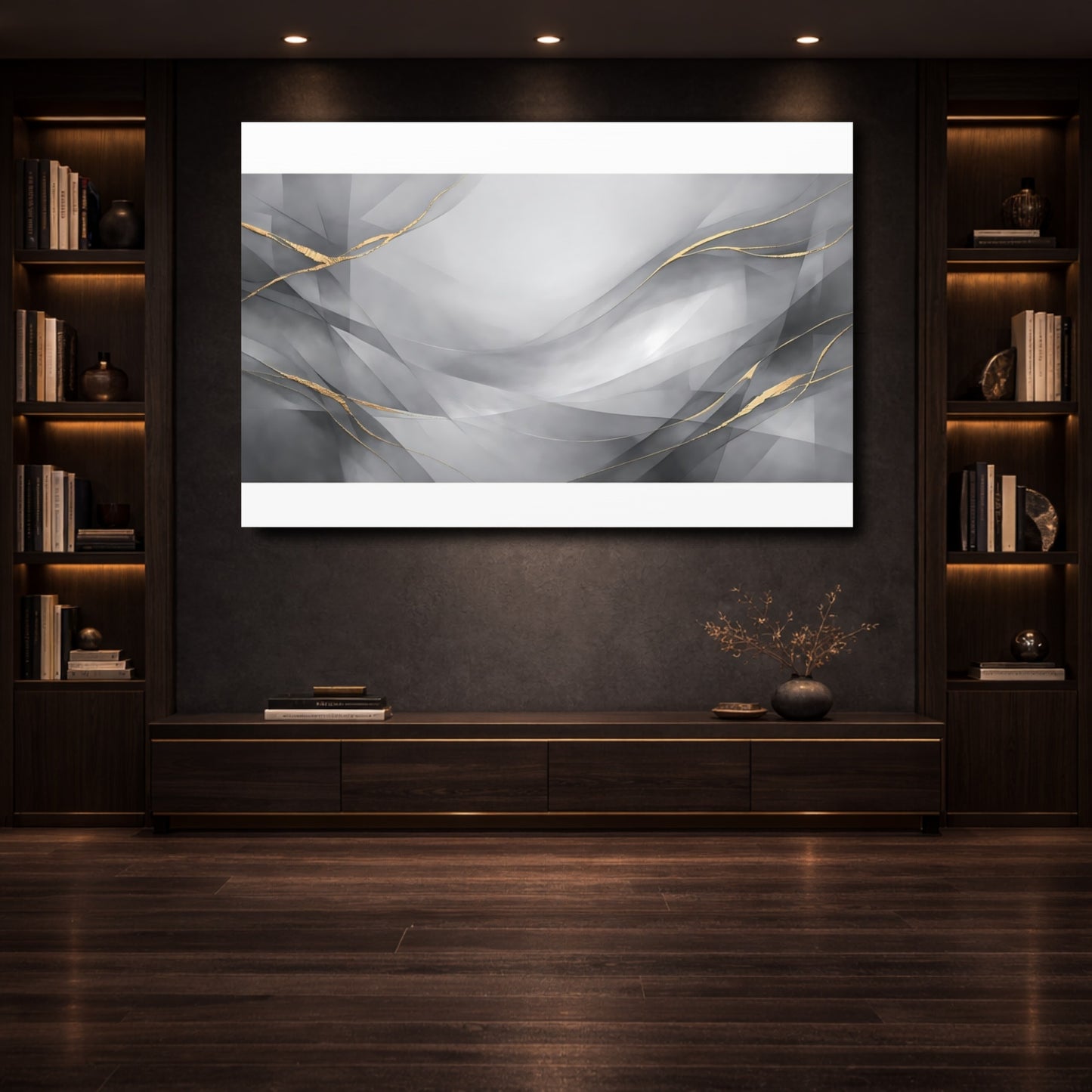 Mockup 3. Abstract Abstract Waves Gray Gold Abstract shown as stretched canvas wall art