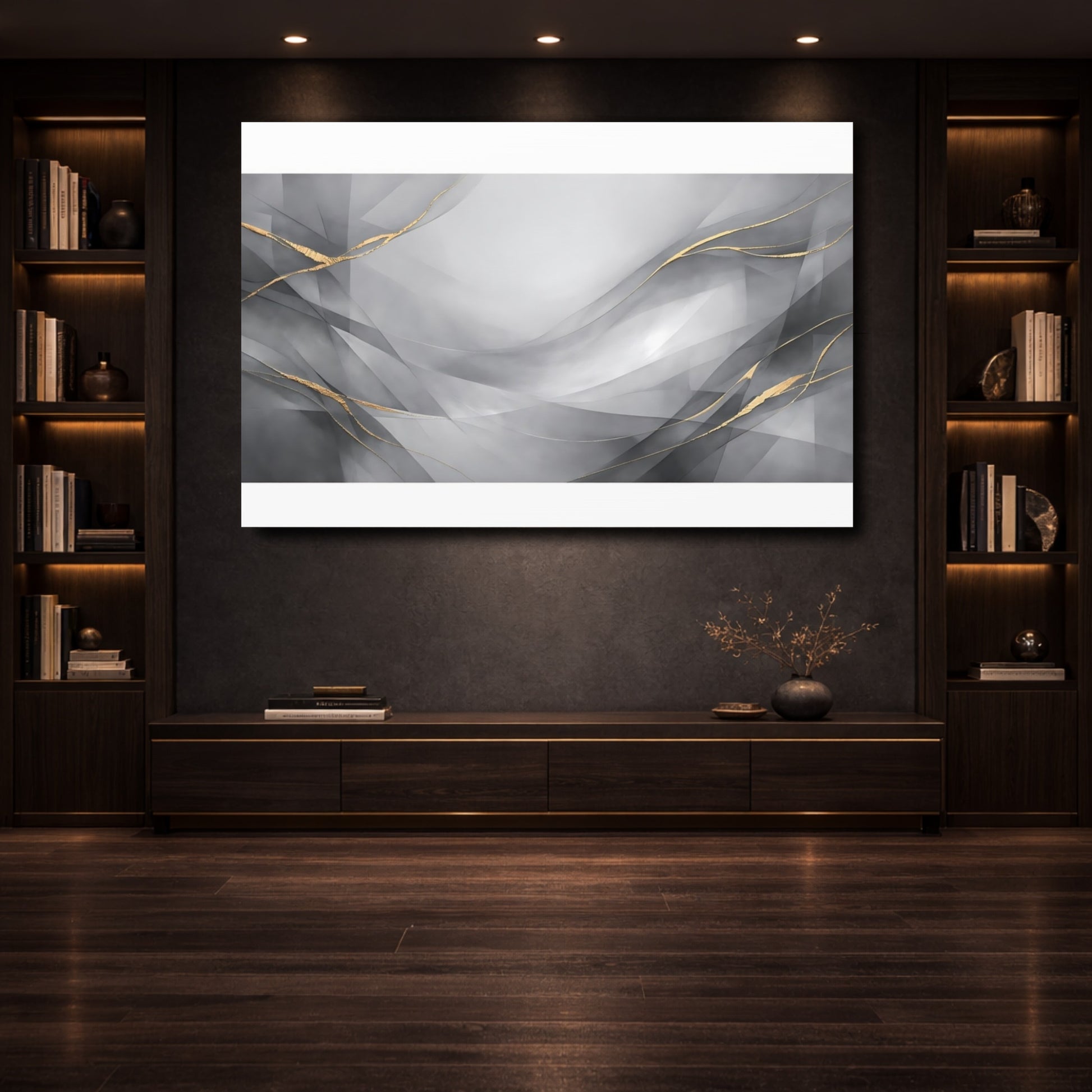 Mockup 3. Abstract Abstract Waves Gray Gold Abstract shown as stretched canvas wall art