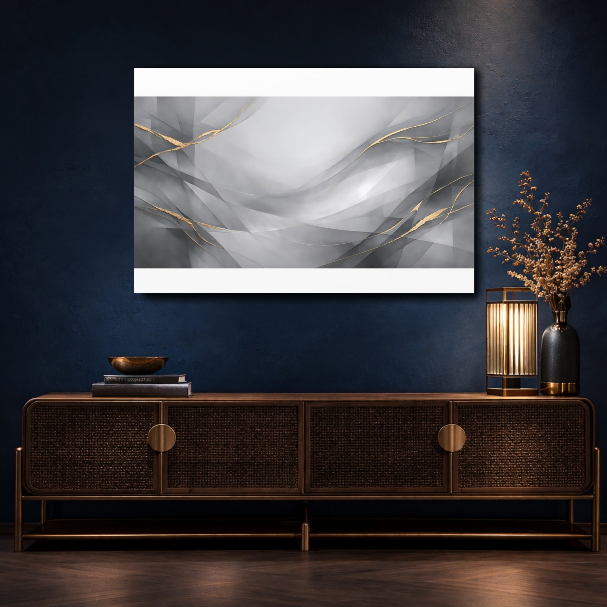Mockup 4. Abstract Abstract Waves Gray Gold Abstract shown as stretched canvas wall art