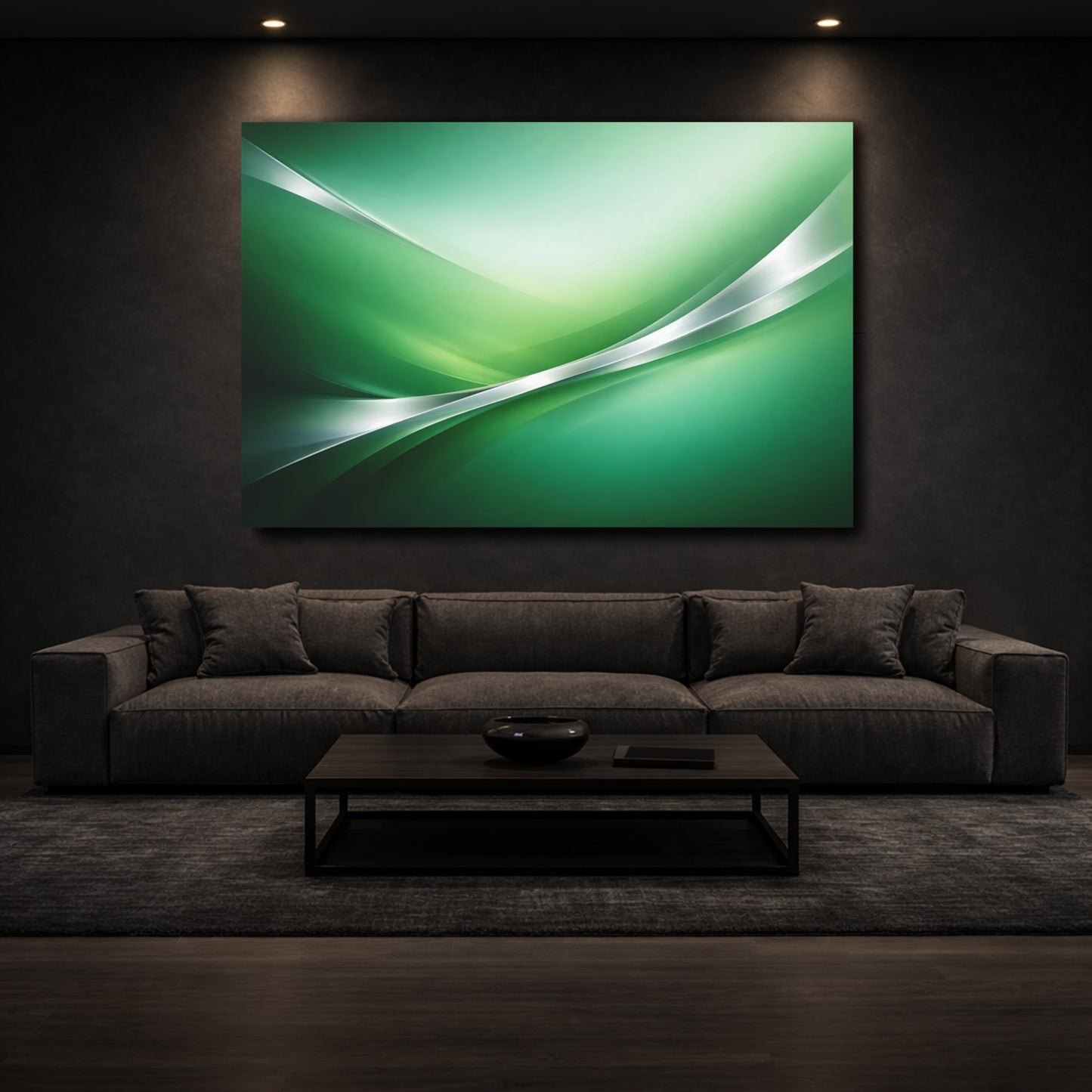 Mockup 2. Abstract Abstract Waves Green Abstract shown as stretched canvas wall art