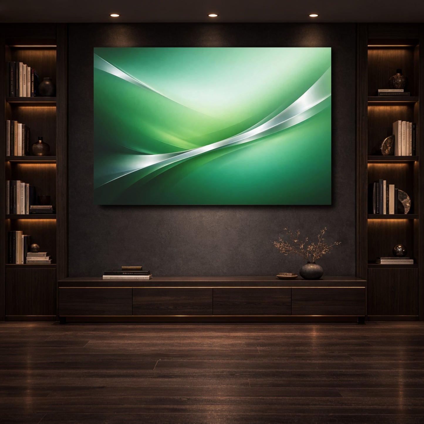 Mockup 3. Abstract Abstract Waves Green Abstract shown as stretched canvas wall art