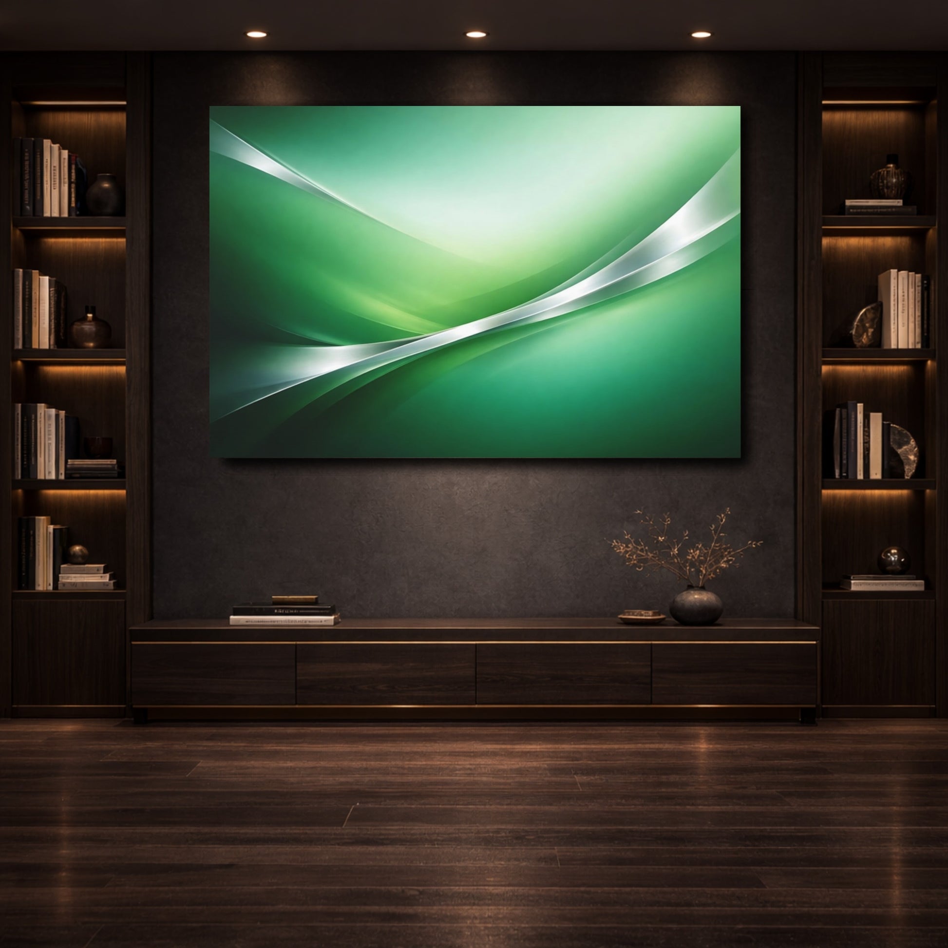 Mockup 3. Abstract Abstract Waves Green Abstract shown as stretched canvas wall art