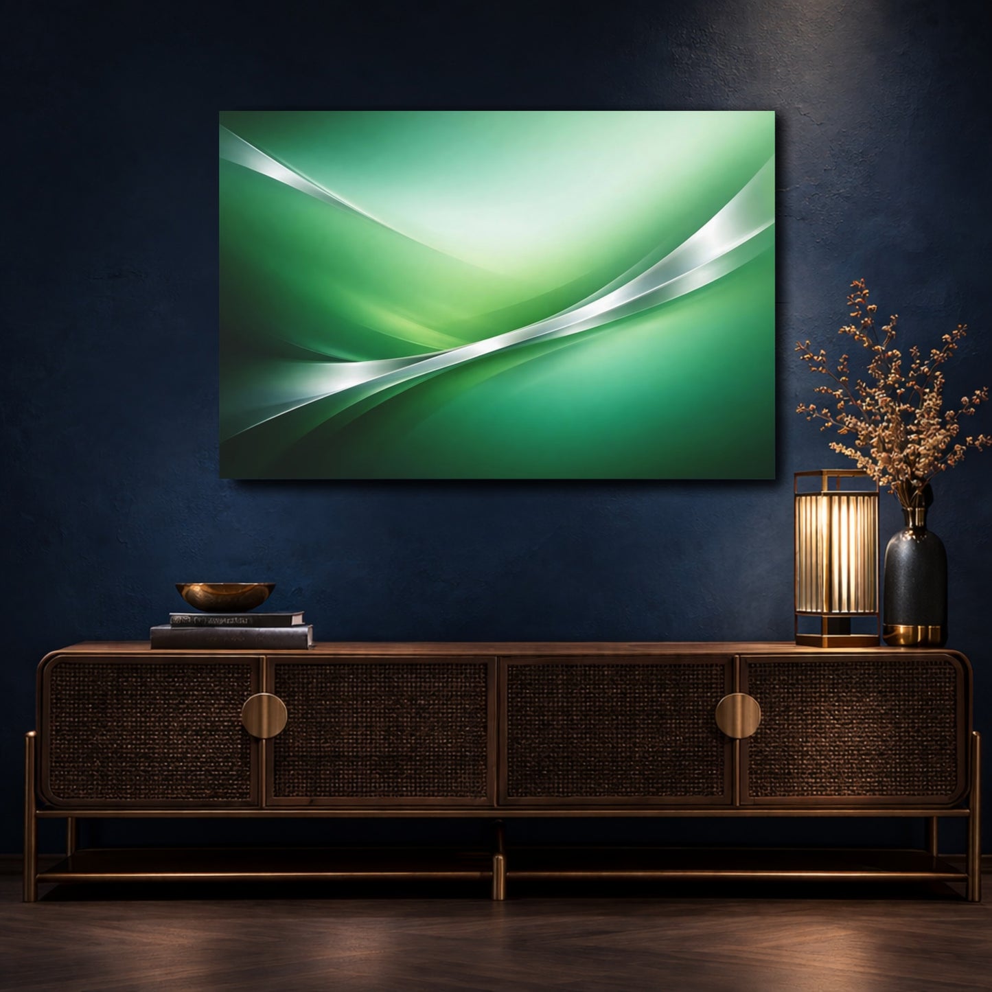 Mockup 4. Abstract Abstract Waves Green Abstract shown as stretched canvas wall art